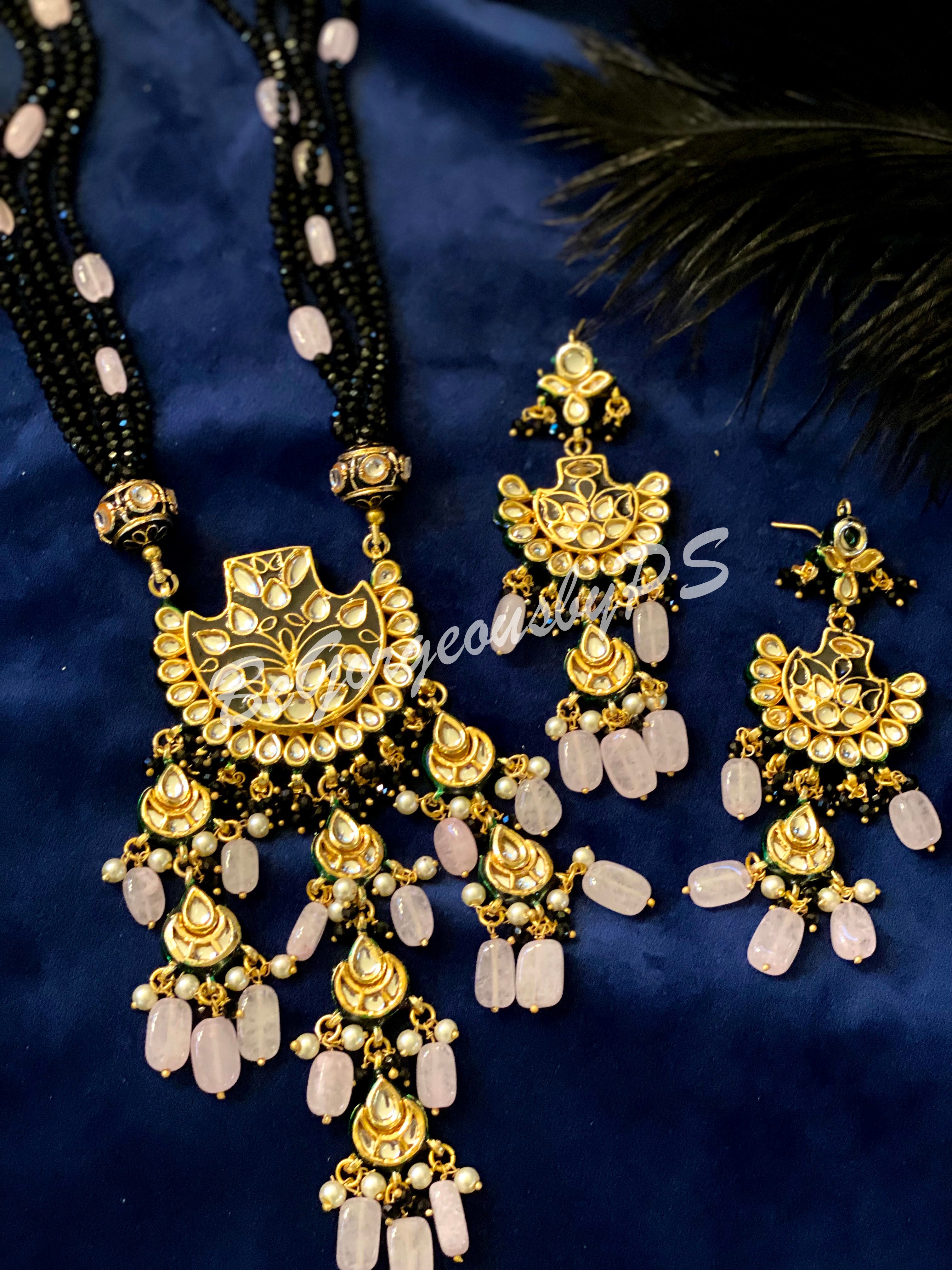 Stone Beaded Meenakari Long necklace pendant set black