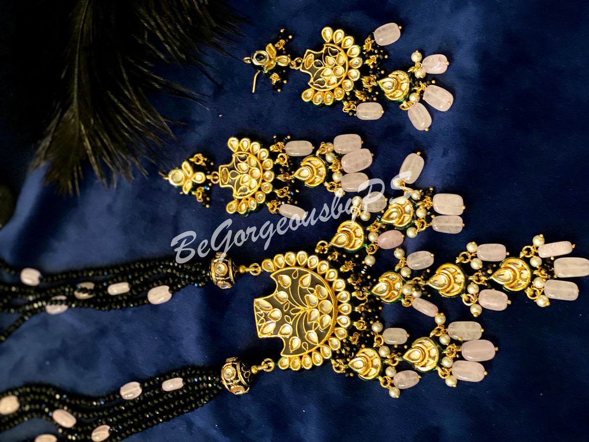 Stone Beaded Meenakari Long necklace pendant set black