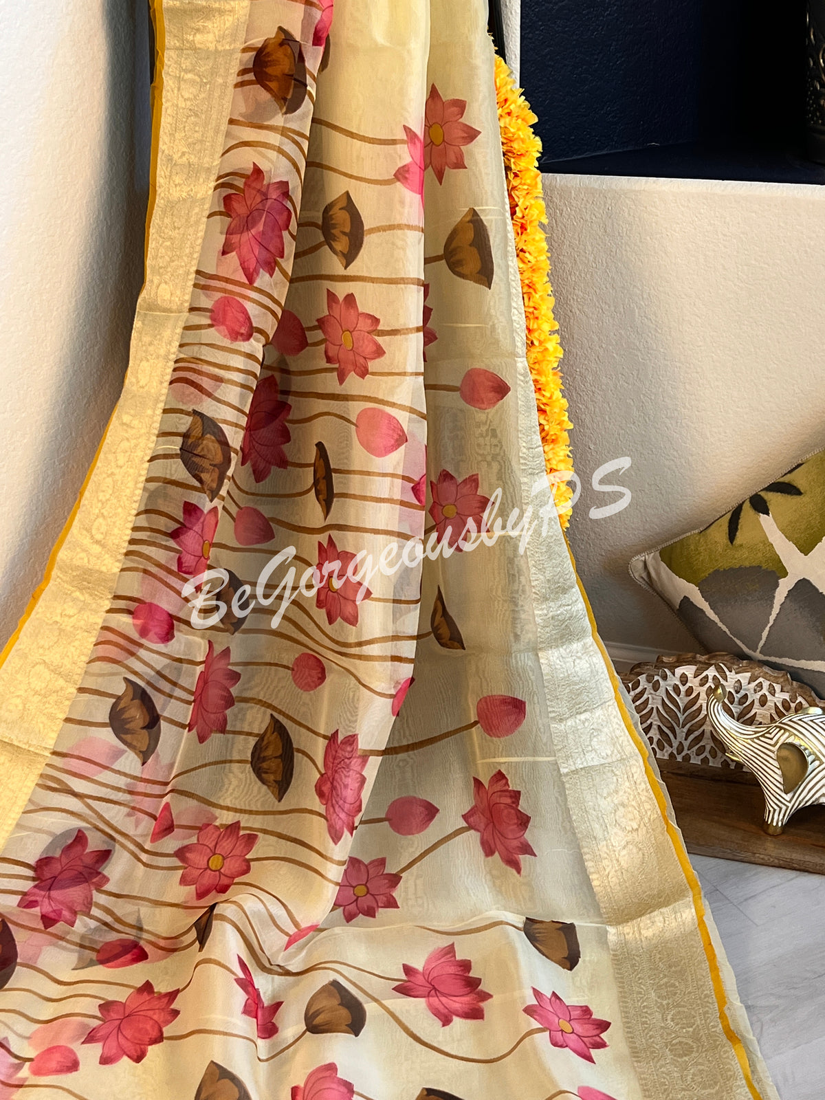 Organza with handpainted pichwai work yellow