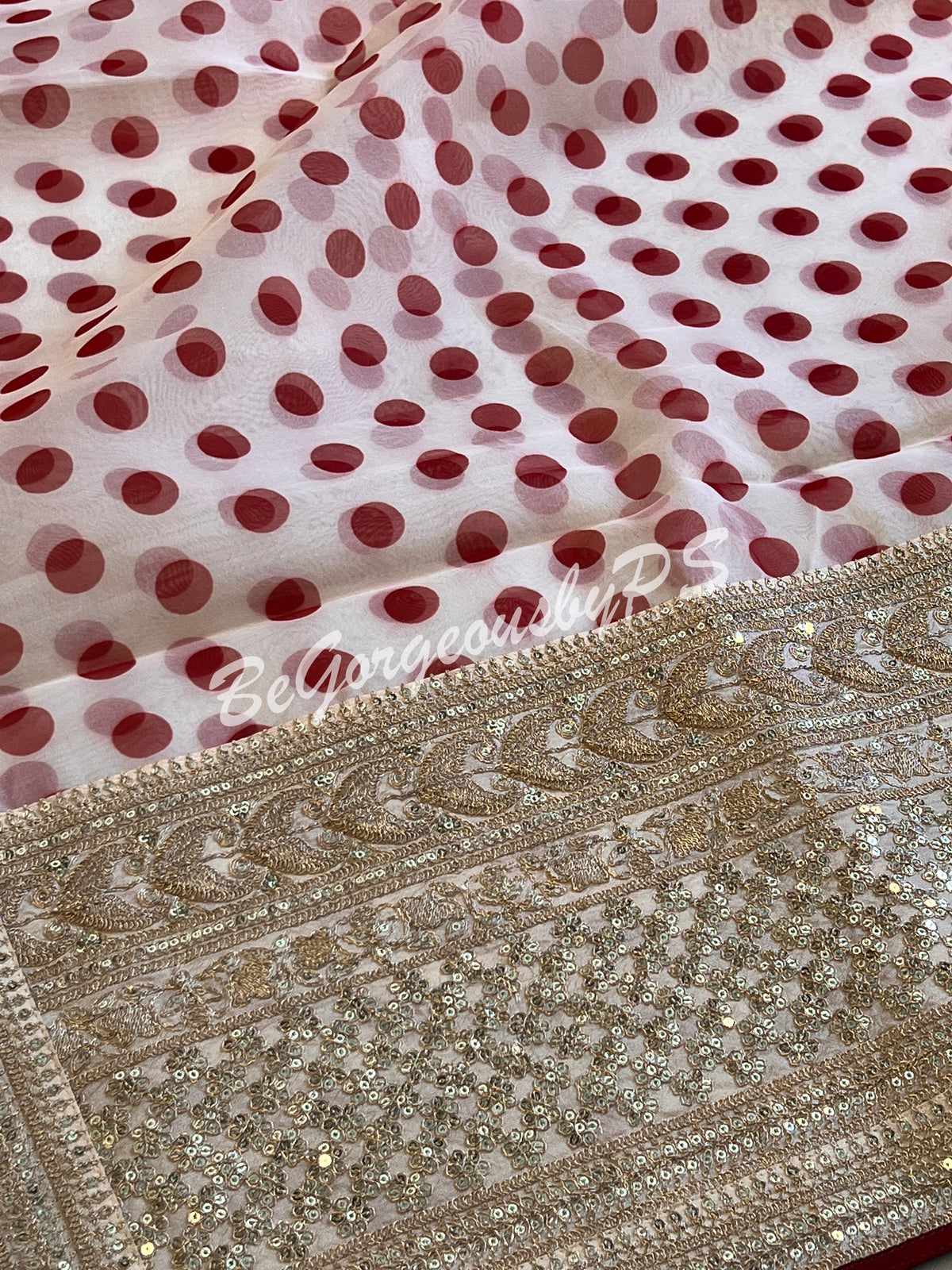 Organza with embroidery Red Polka dots