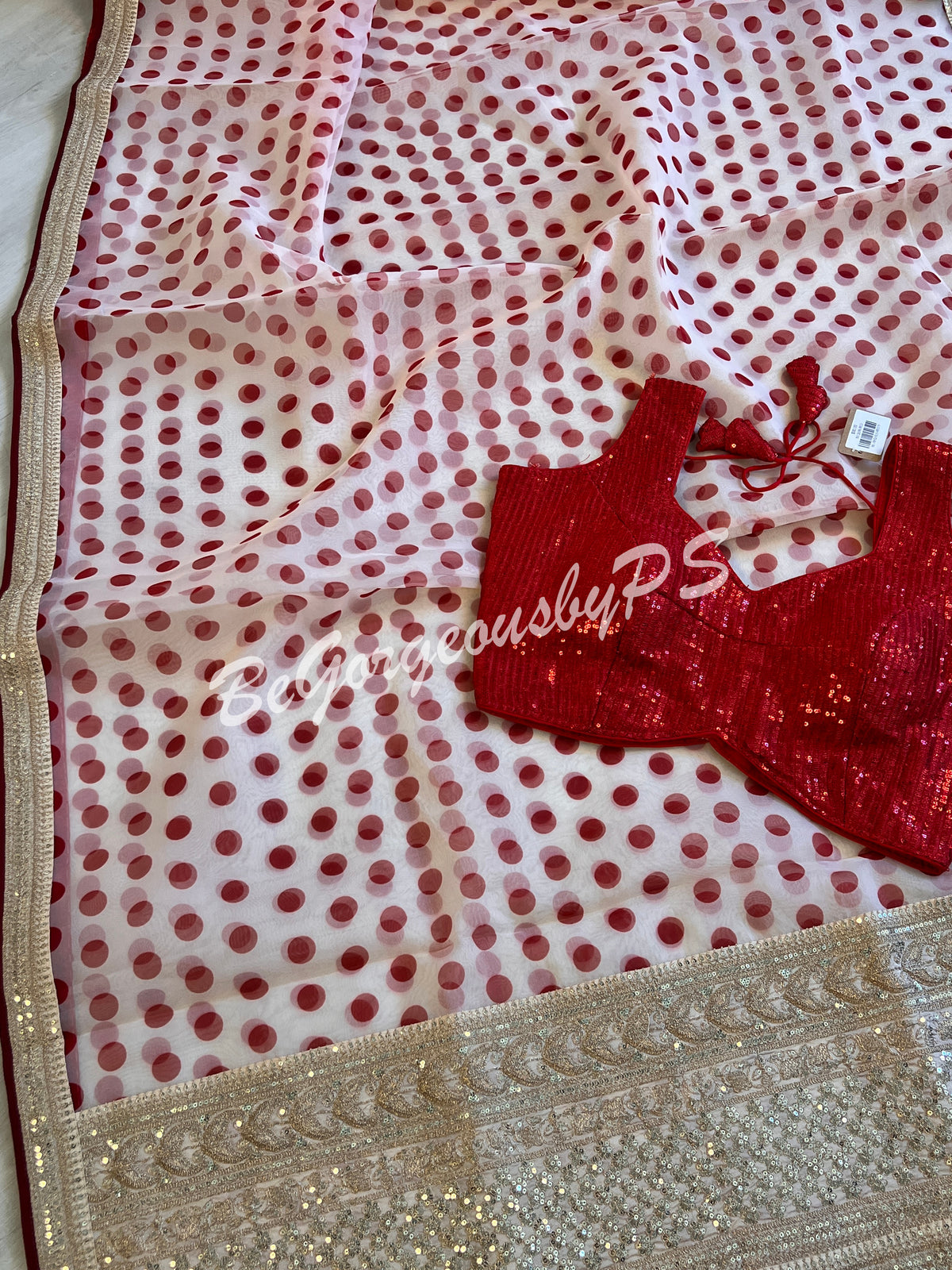 Organza with embroidery Red Polka dots