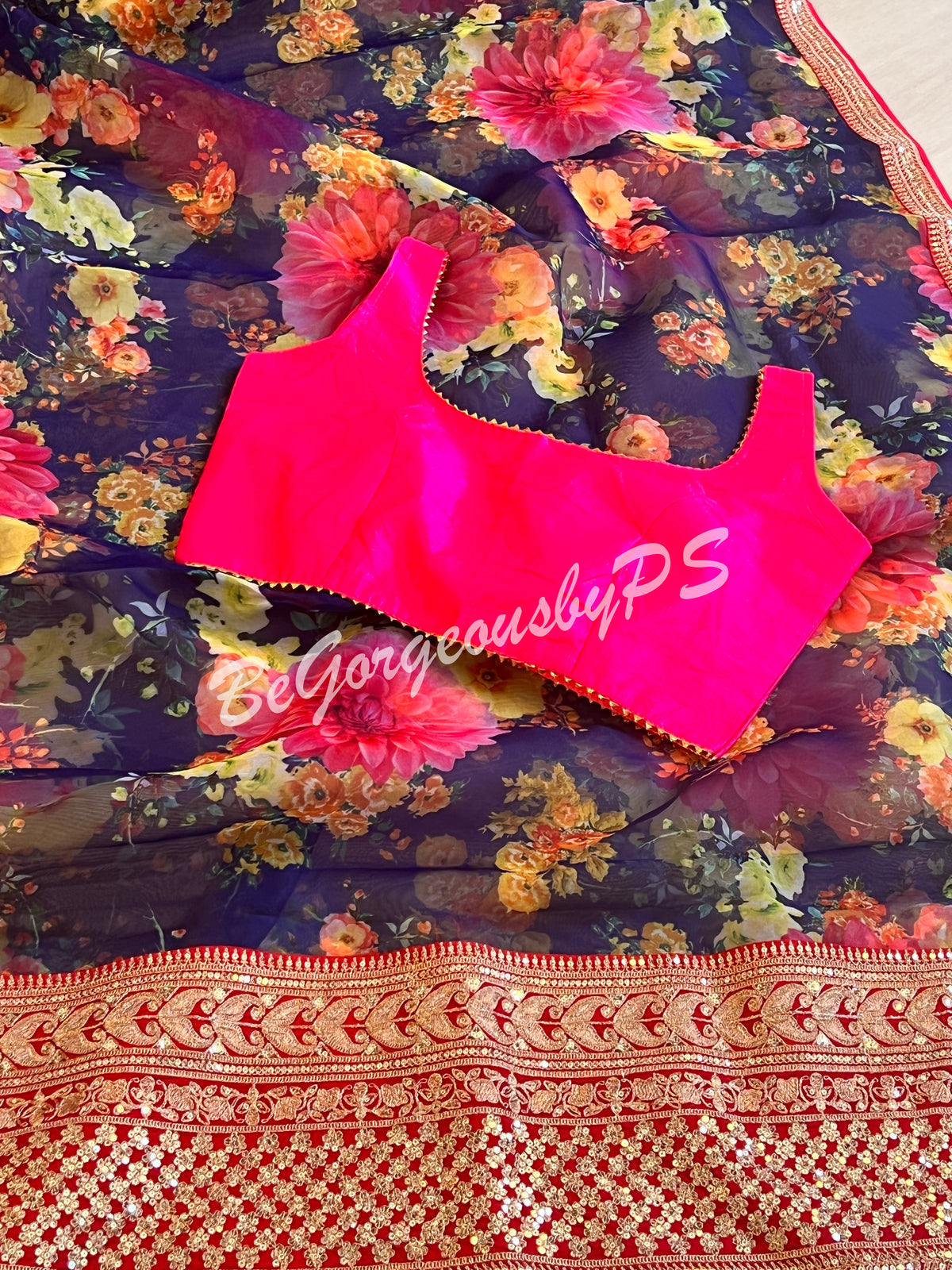 Organza with embroidery Floral Blue Pink