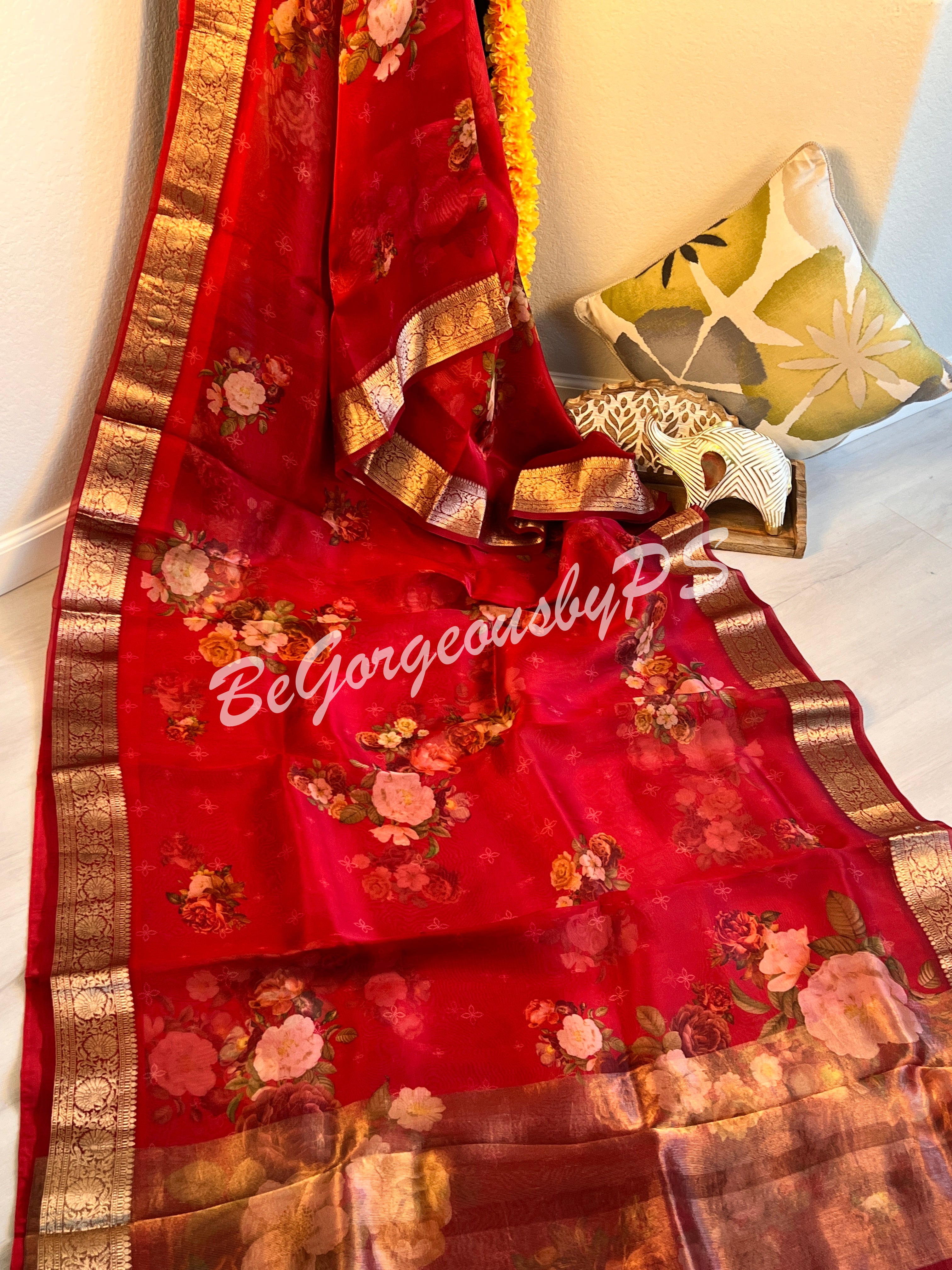 Organza Floral printed with zari border and pallu Red big flowers