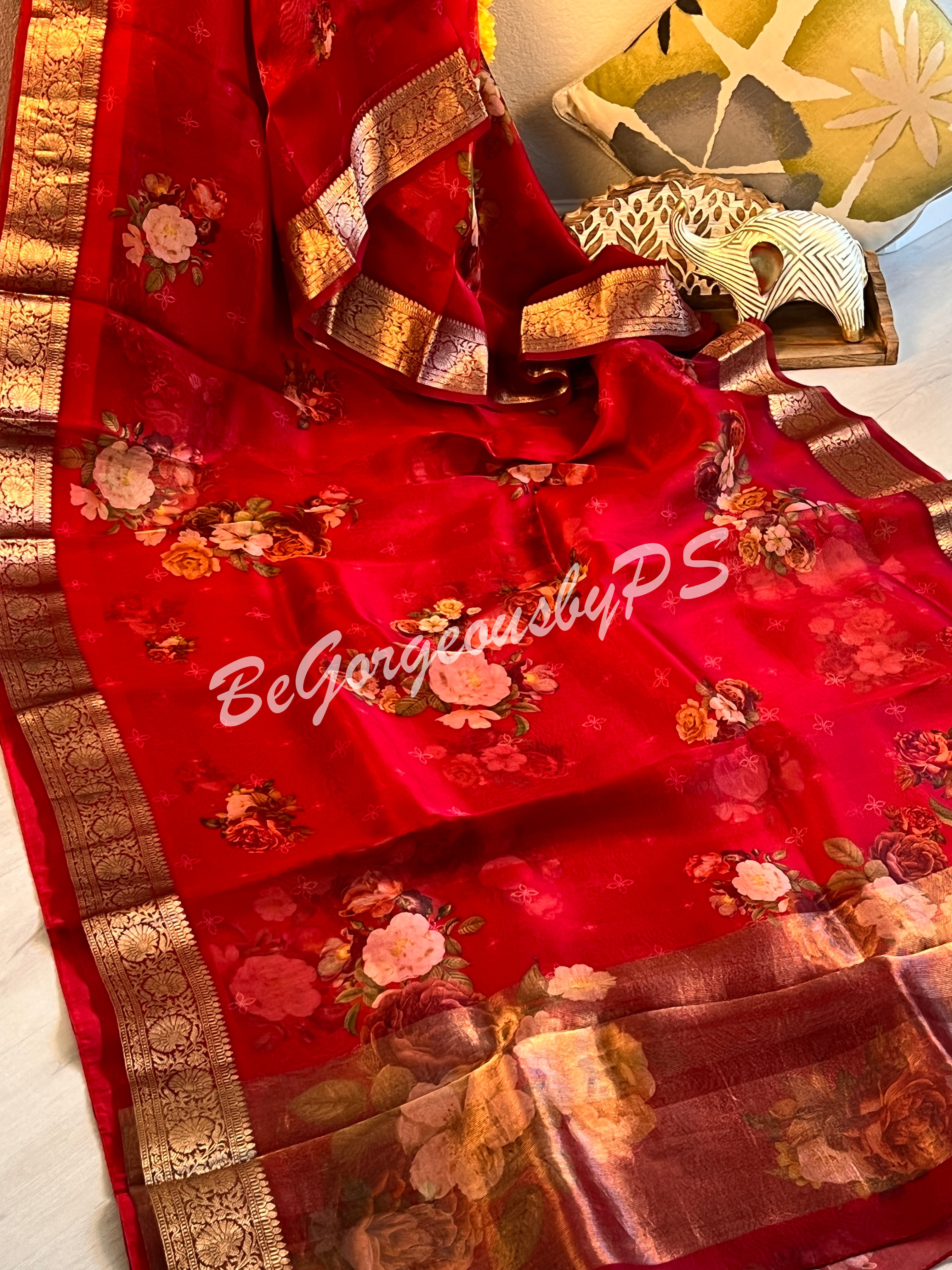 Organza Floral printed with zari border and pallu Red big flowers