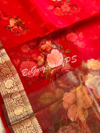 Organza Floral printed with zari border and pallu Red big flowers