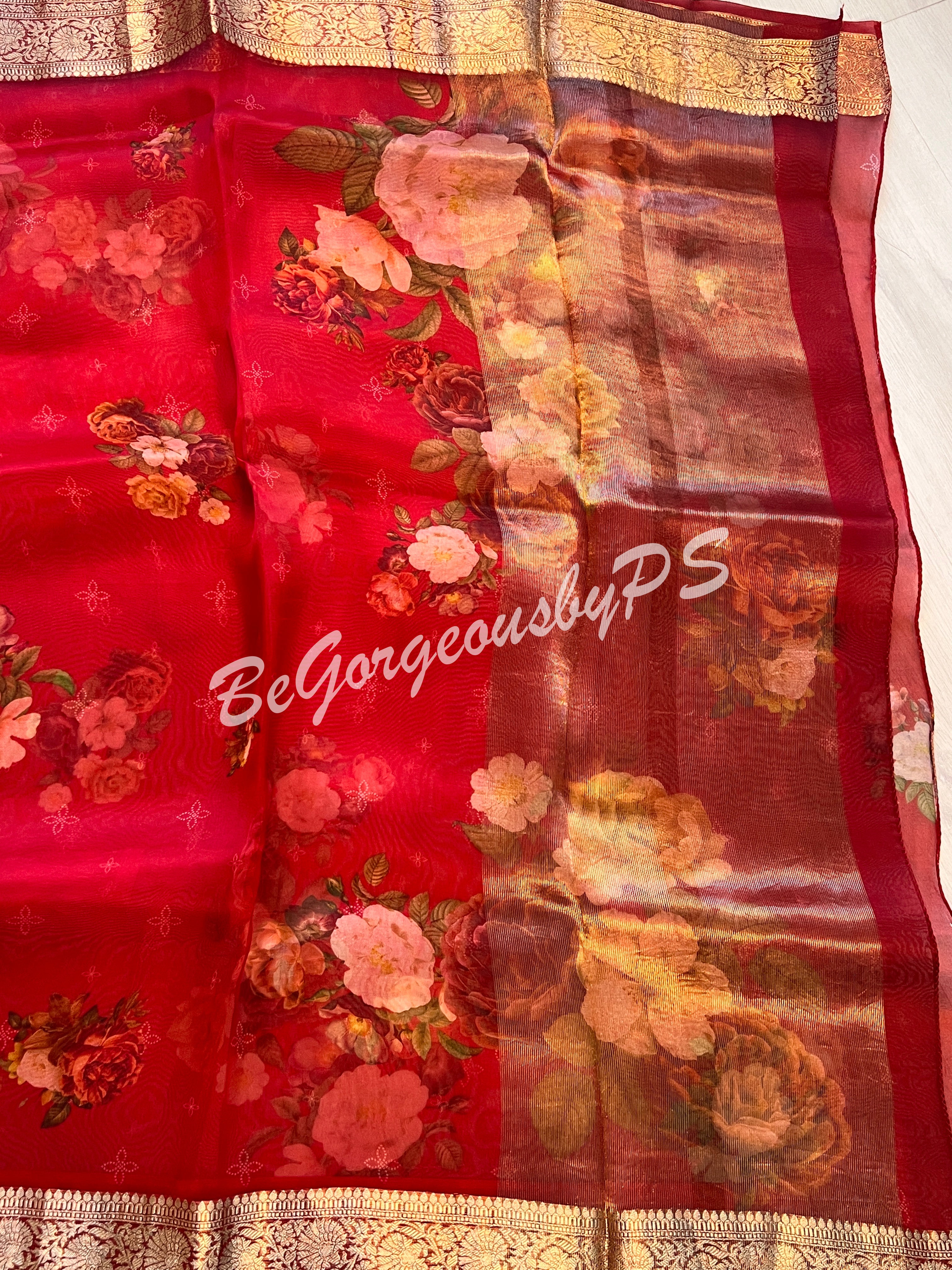 Organza Floral printed with zari border and pallu Red big flowers