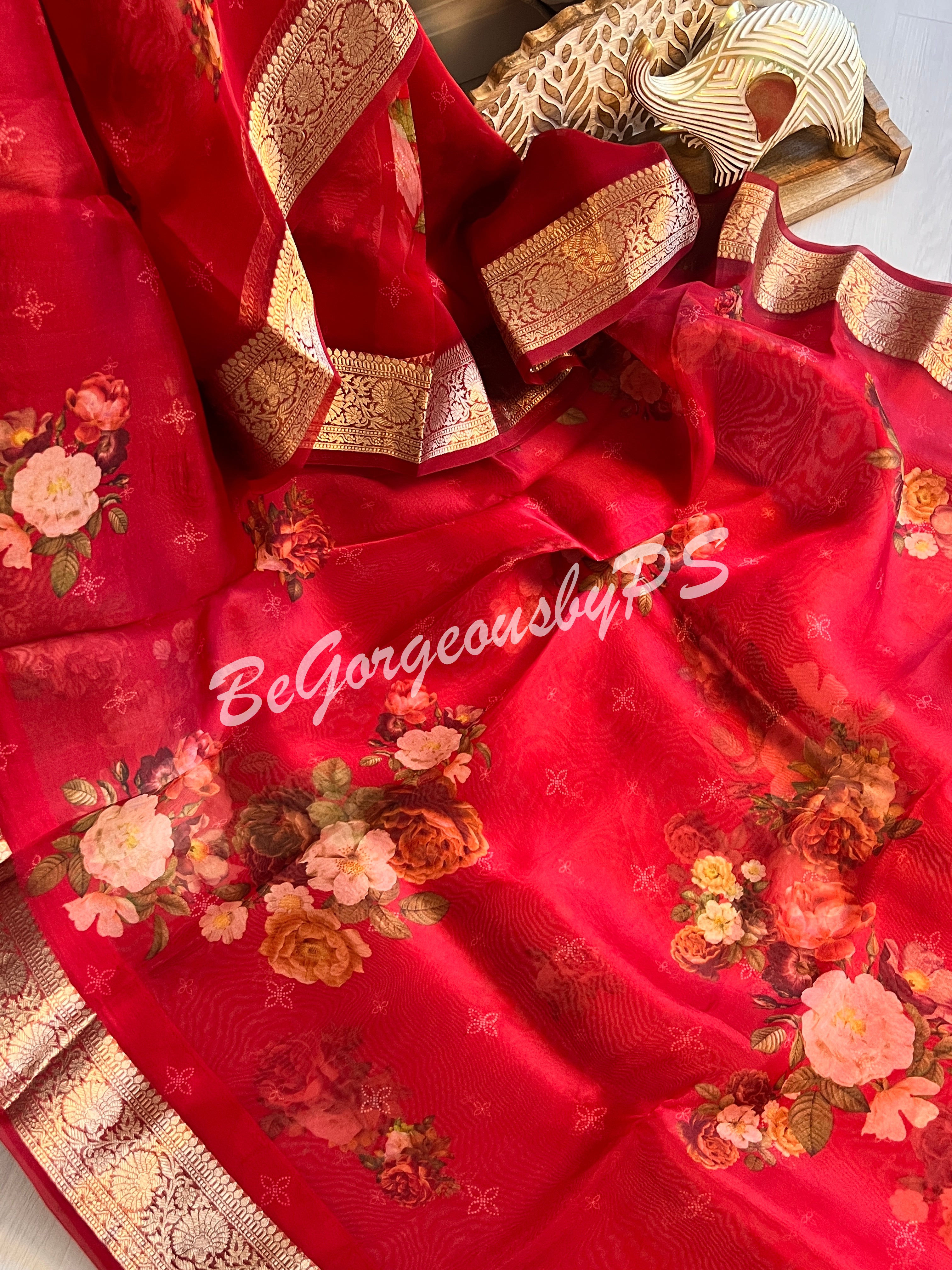 Organza Floral printed with zari border and pallu Red big flowers