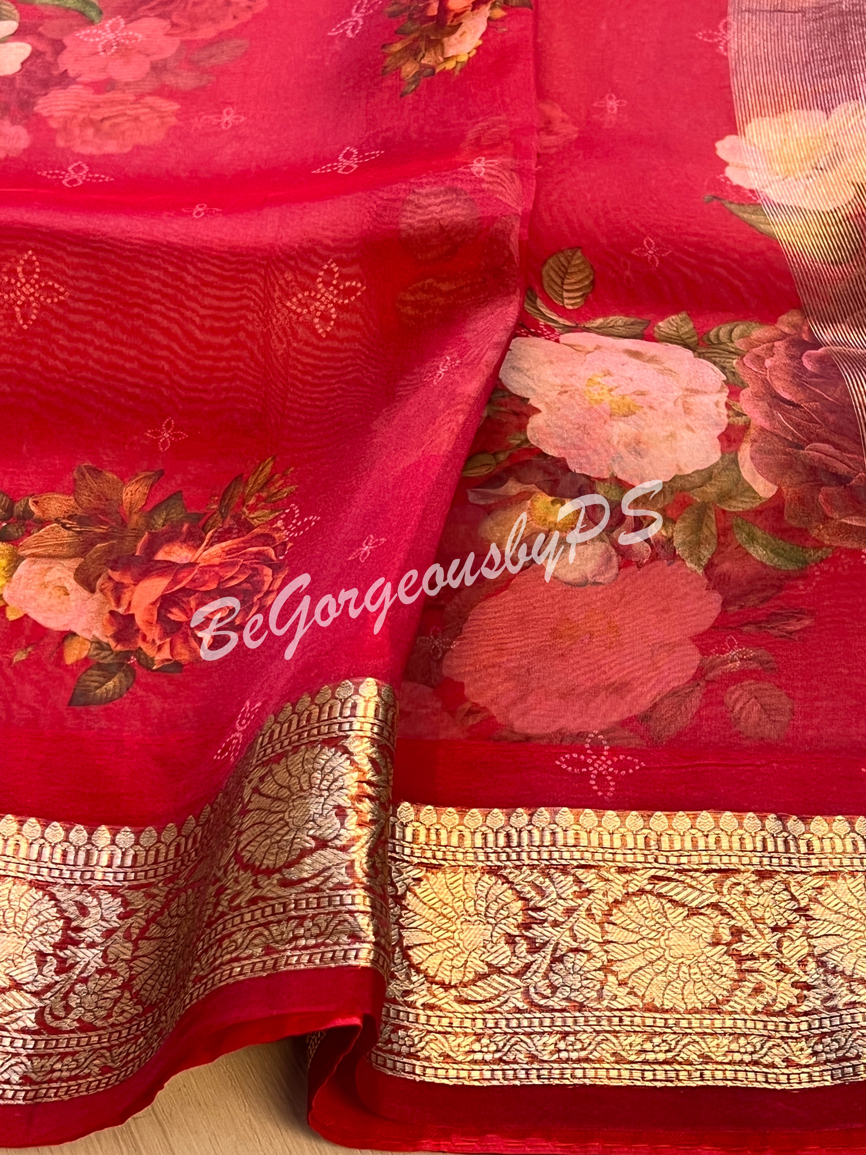 Organza Floral printed with zari border and pallu Red big flowers