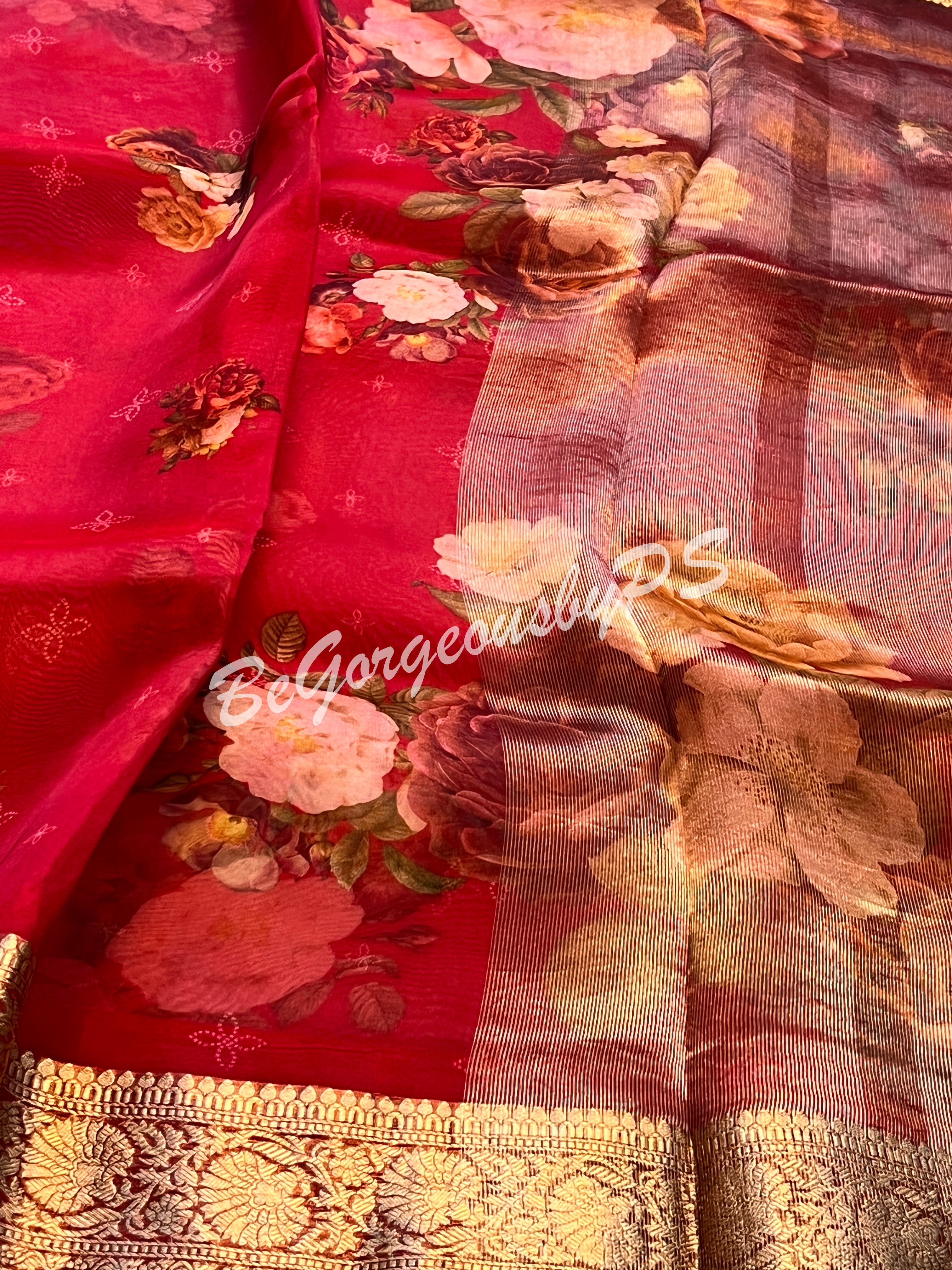 Organza Floral printed with zari border and pallu Red big flowers