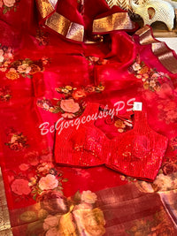 Organza Floral printed with zari border and pallu Red big flowers