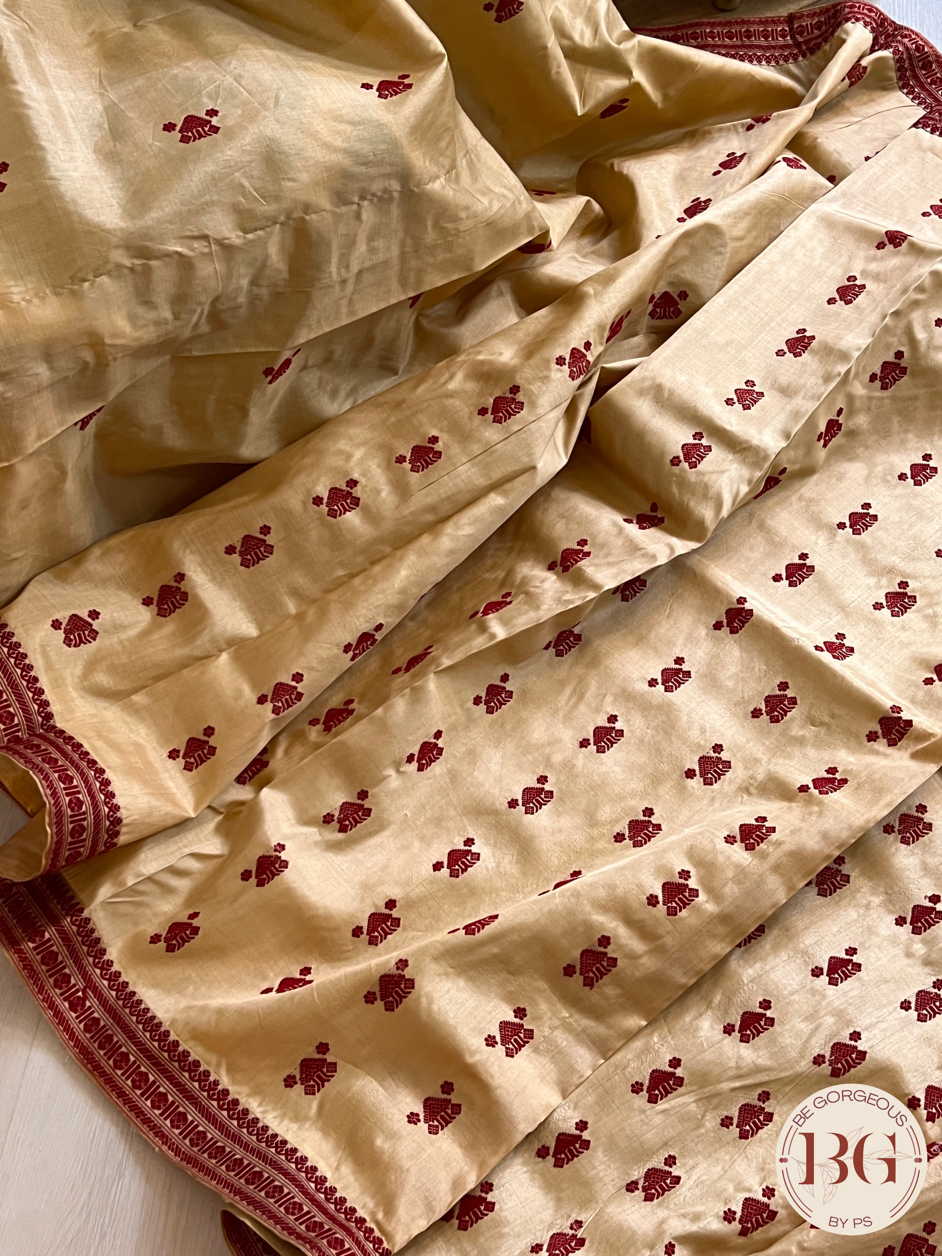 Assam Tussar Silk Saree RED GOLD