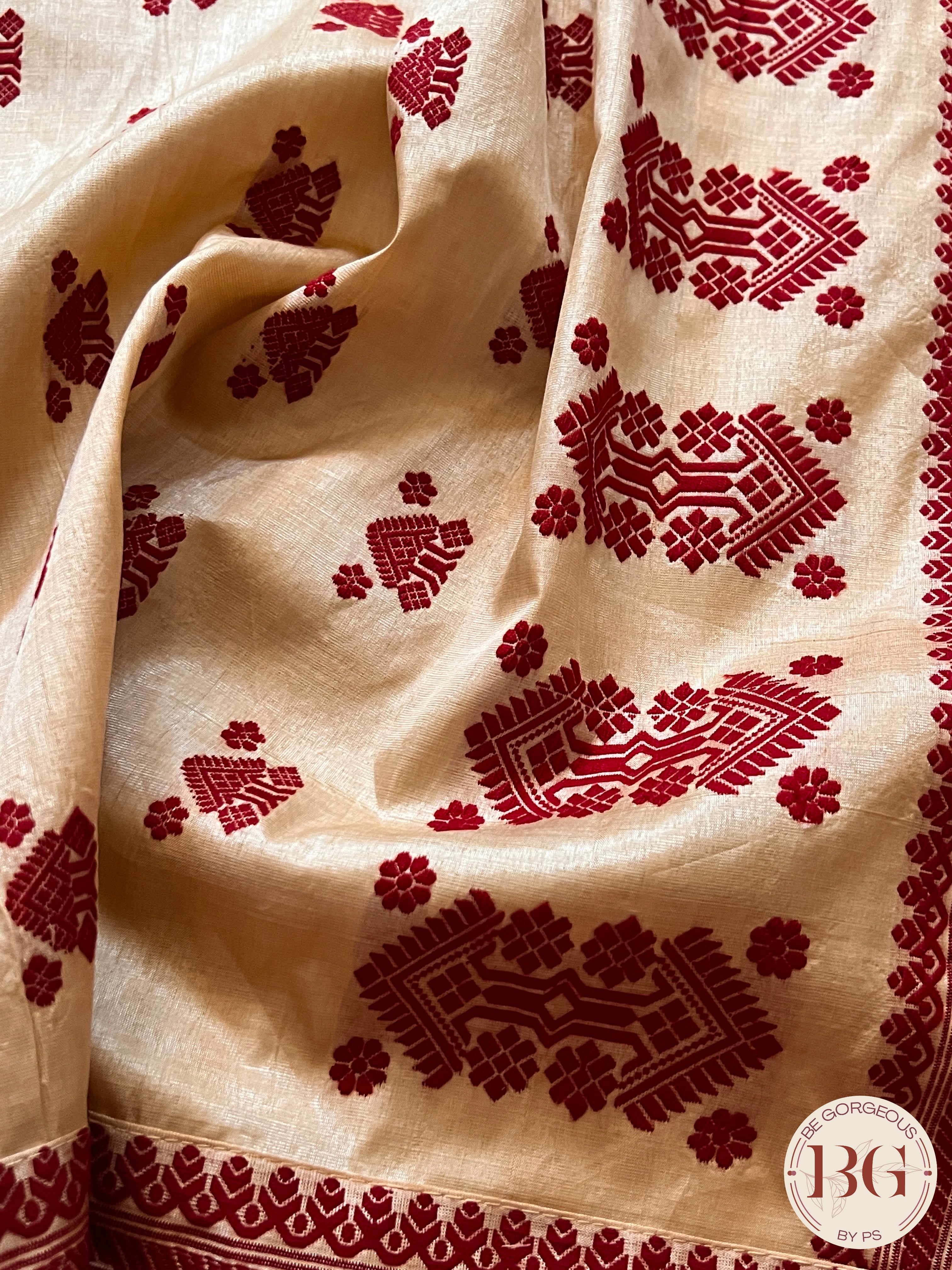 Assam Tussar Silk Saree RED GOLD