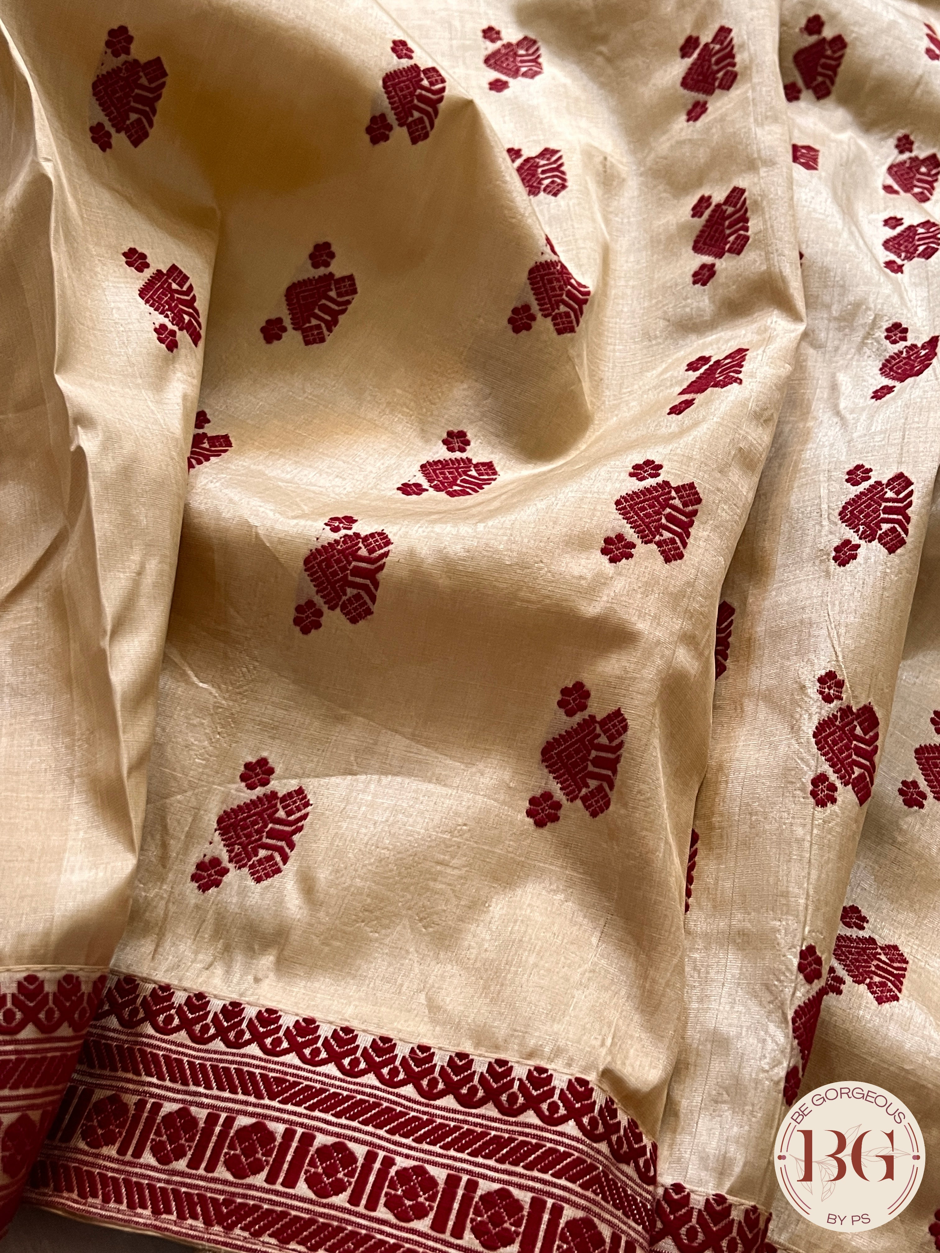 Assam Tussar Silk Saree RED GOLD