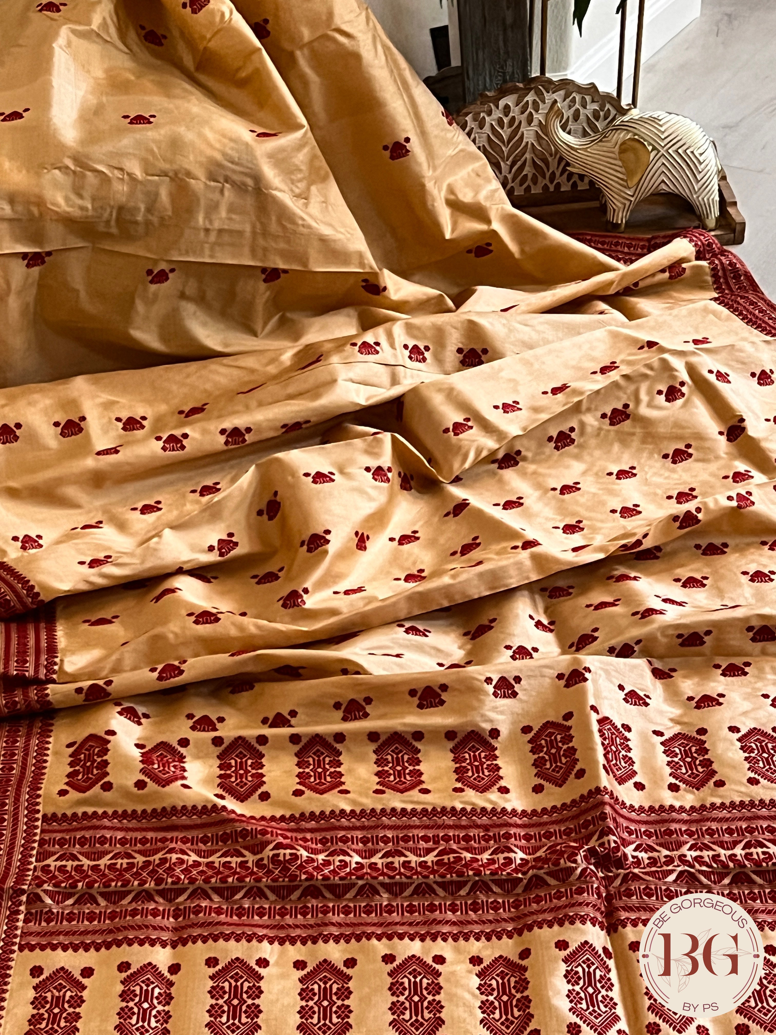 Assam Tussar Silk Saree RED GOLD