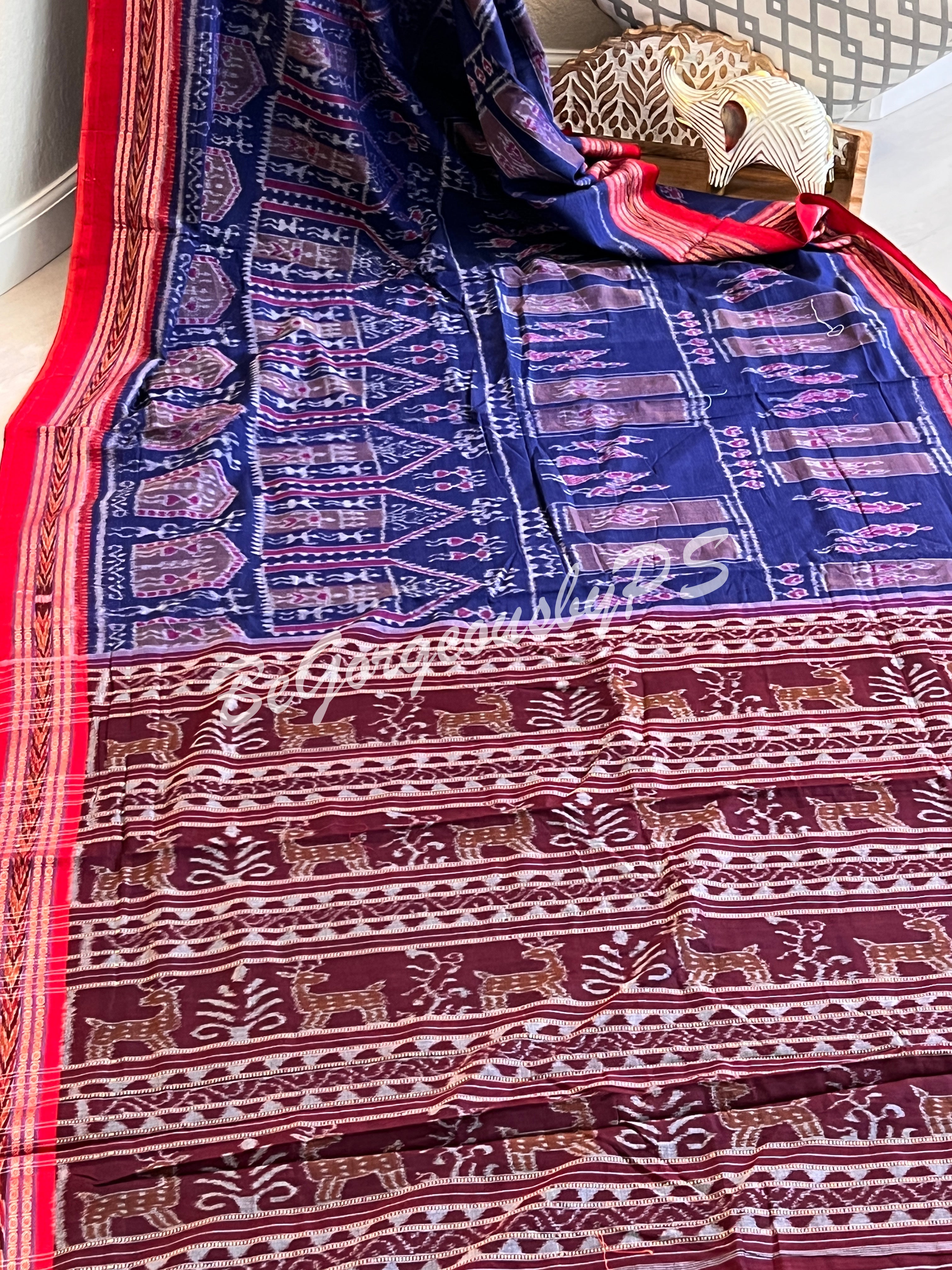 Sandal Handloom Orissa Cotton Saree With Tie & Dye Motifs