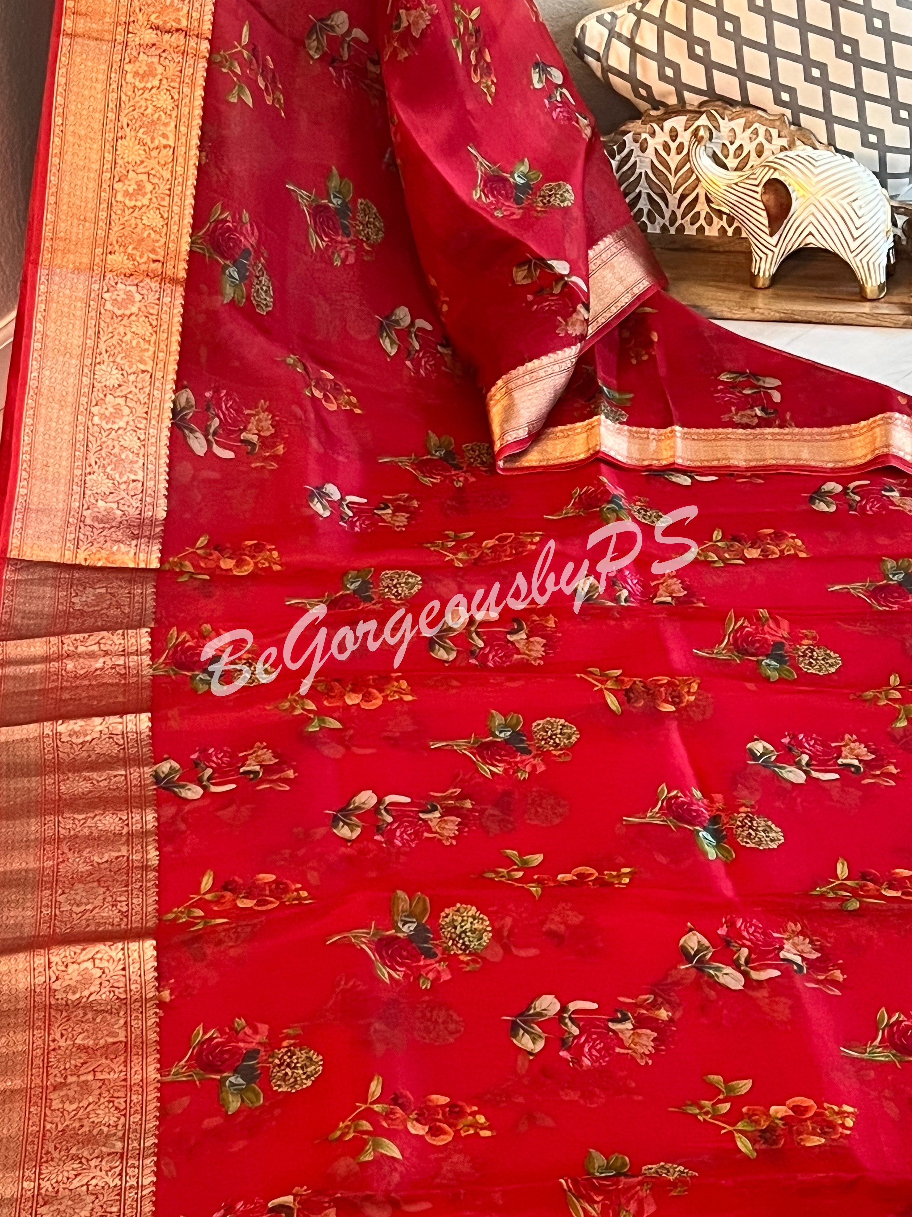 Organza Floral printed with zari border and pallu Red small flowers