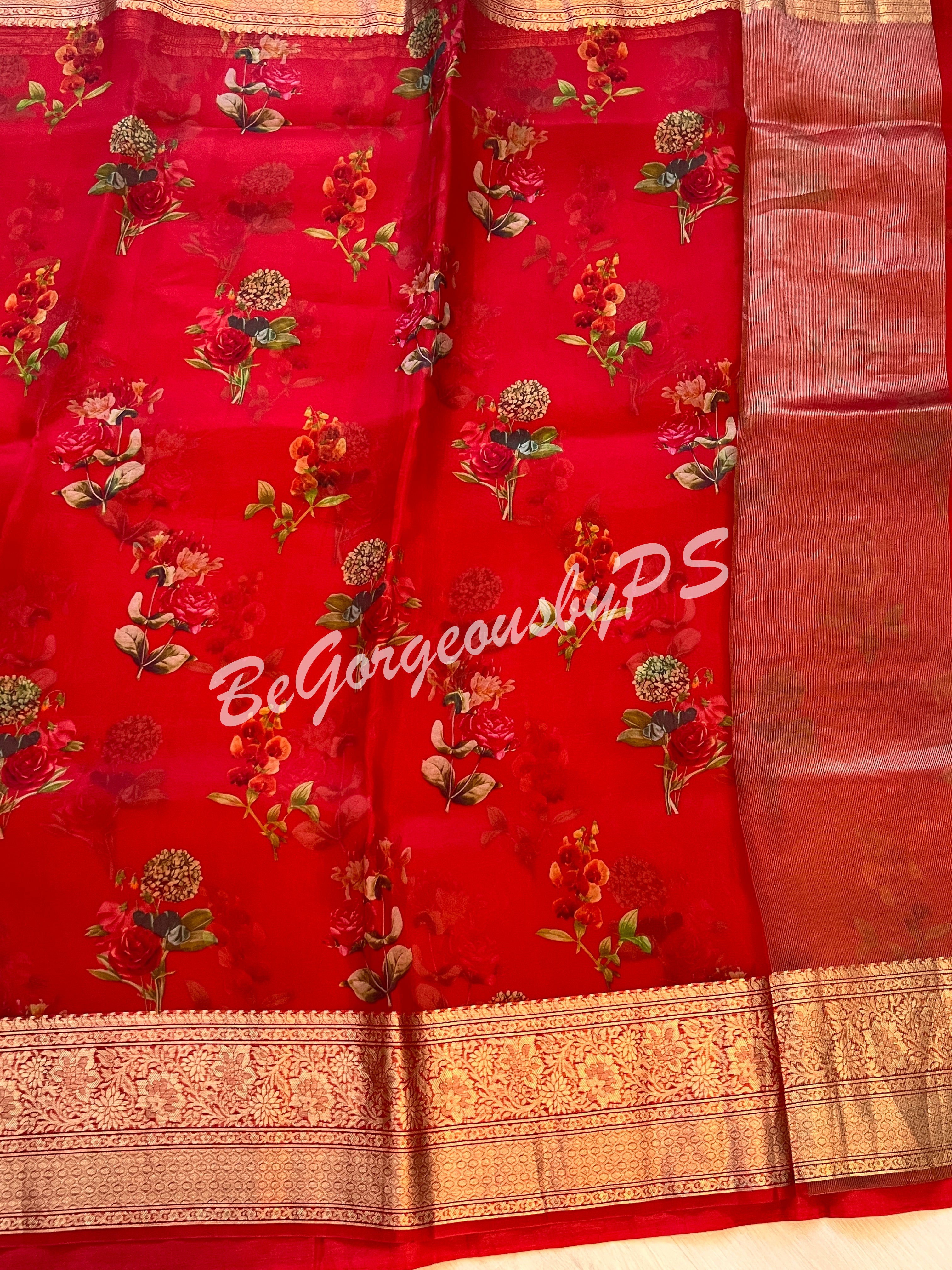 Organza Floral printed with zari border and pallu Red small flowers