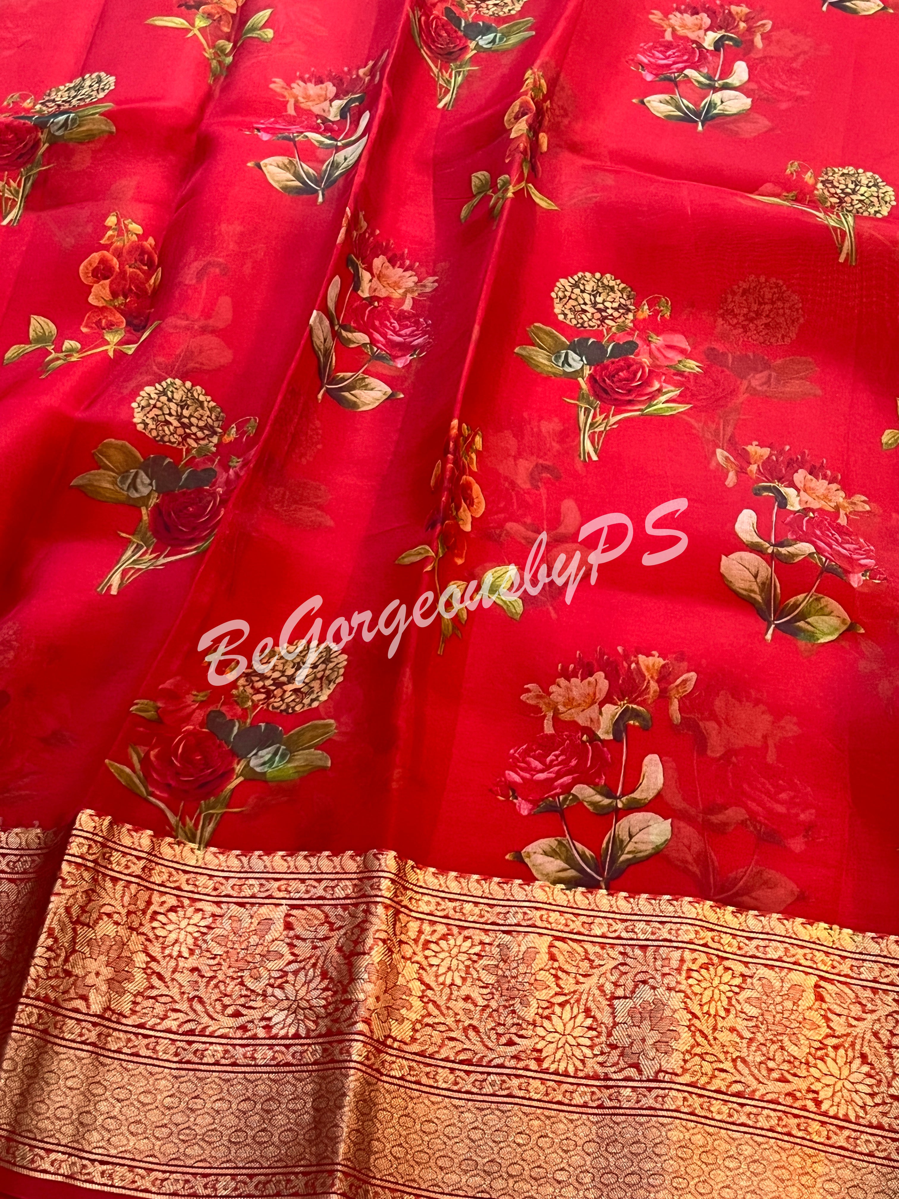 Organza Floral printed with zari border and pallu Red small flowers