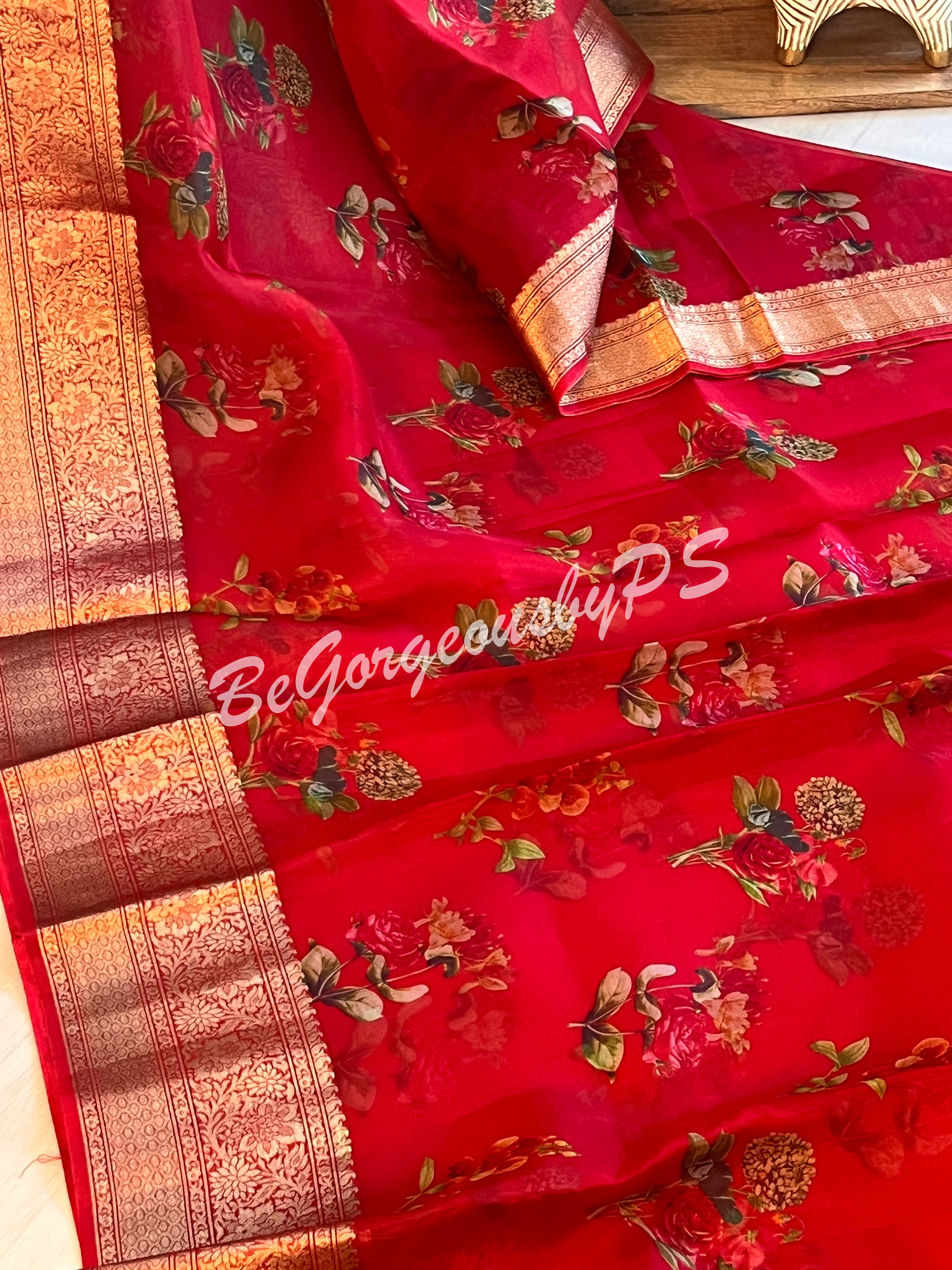 Organza Floral printed with zari border and pallu Red small flowers