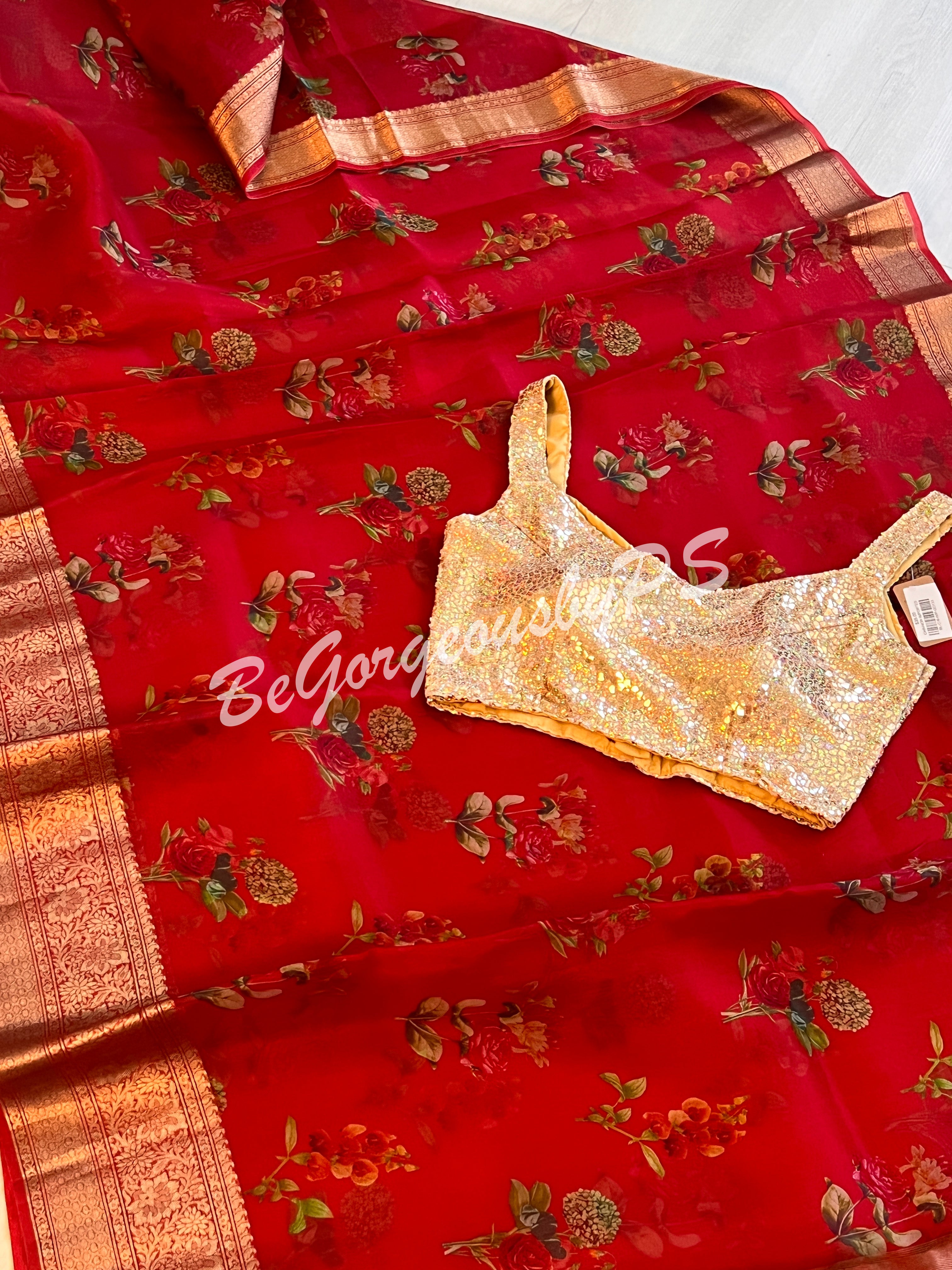 Organza Floral printed with zari border and pallu Red small flowers