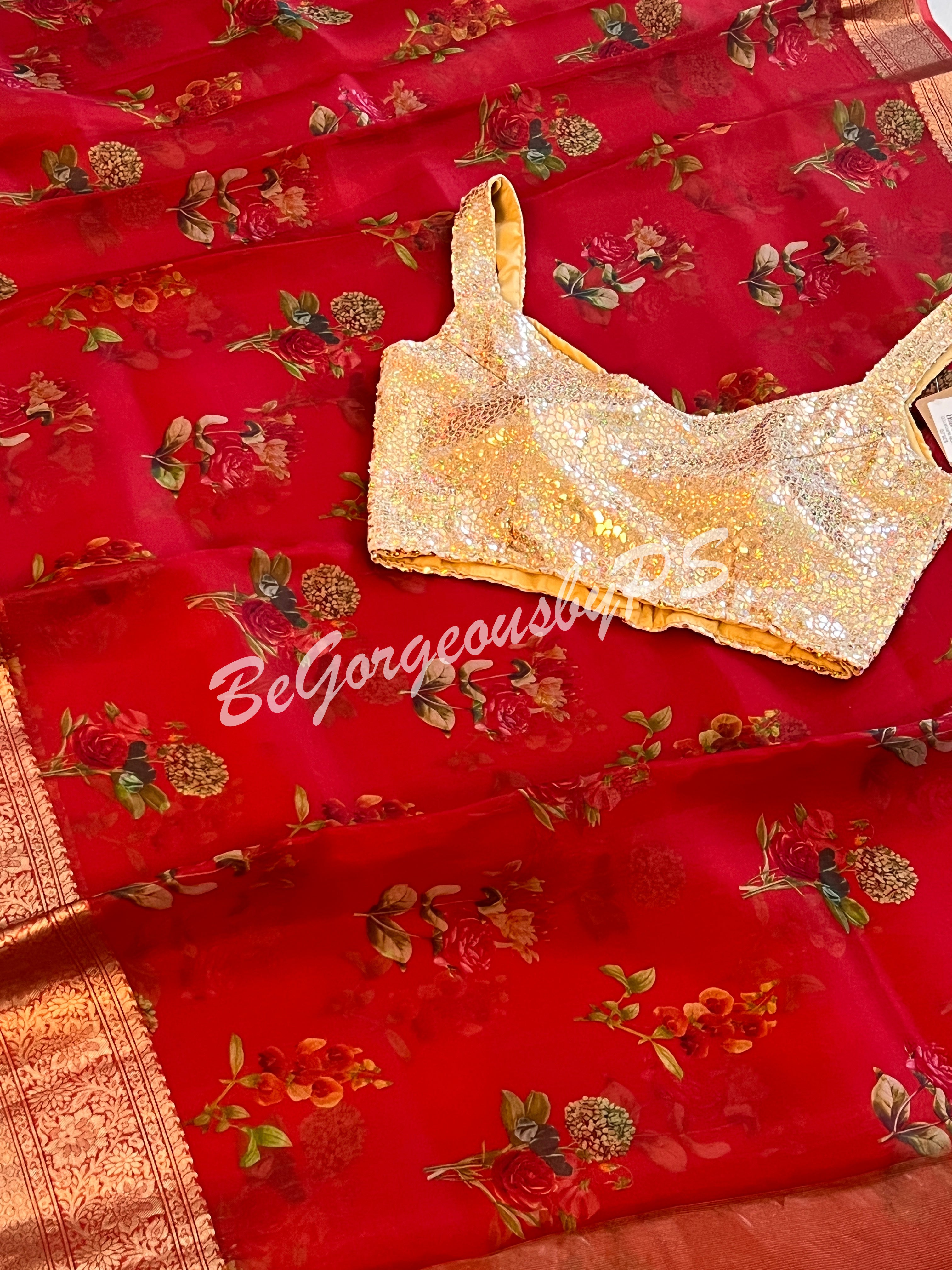 Organza Floral printed with zari border and pallu Red small flowers