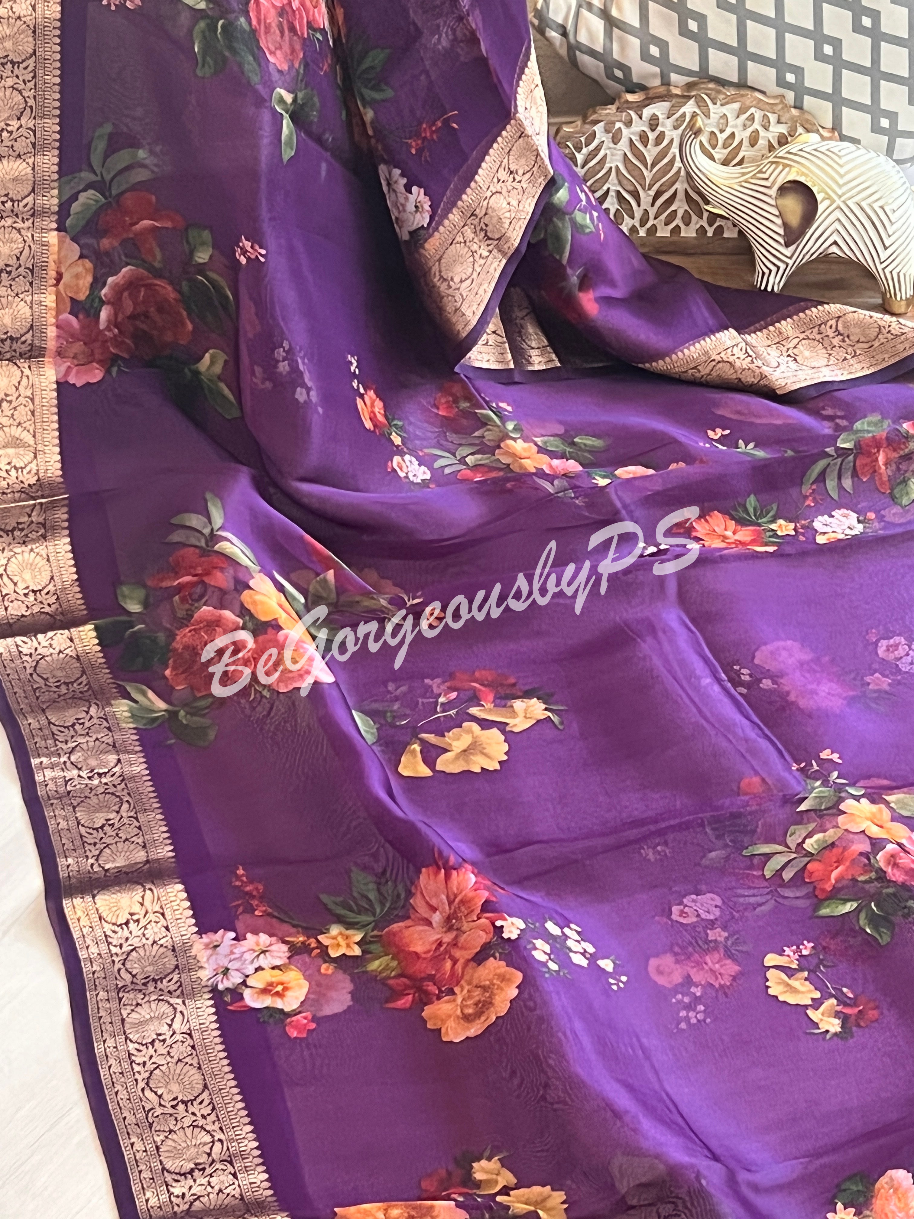 Organza Floral printed with zari border and pallu PURPLE