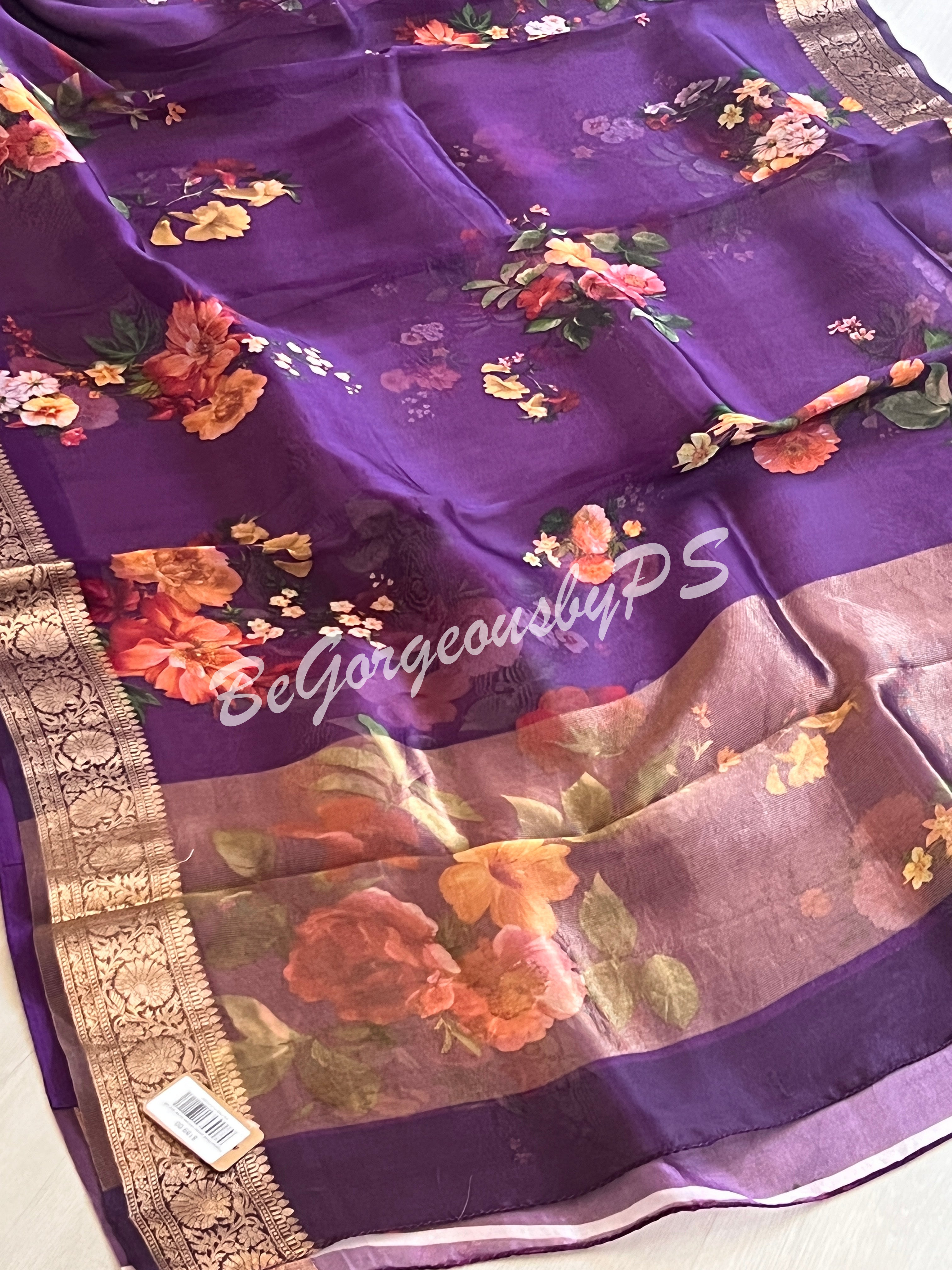 Organza Floral printed with zari border and pallu PURPLE