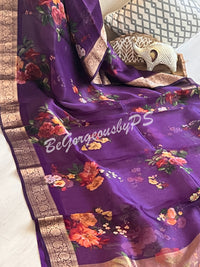 Organza Floral printed with zari border and pallu PURPLE