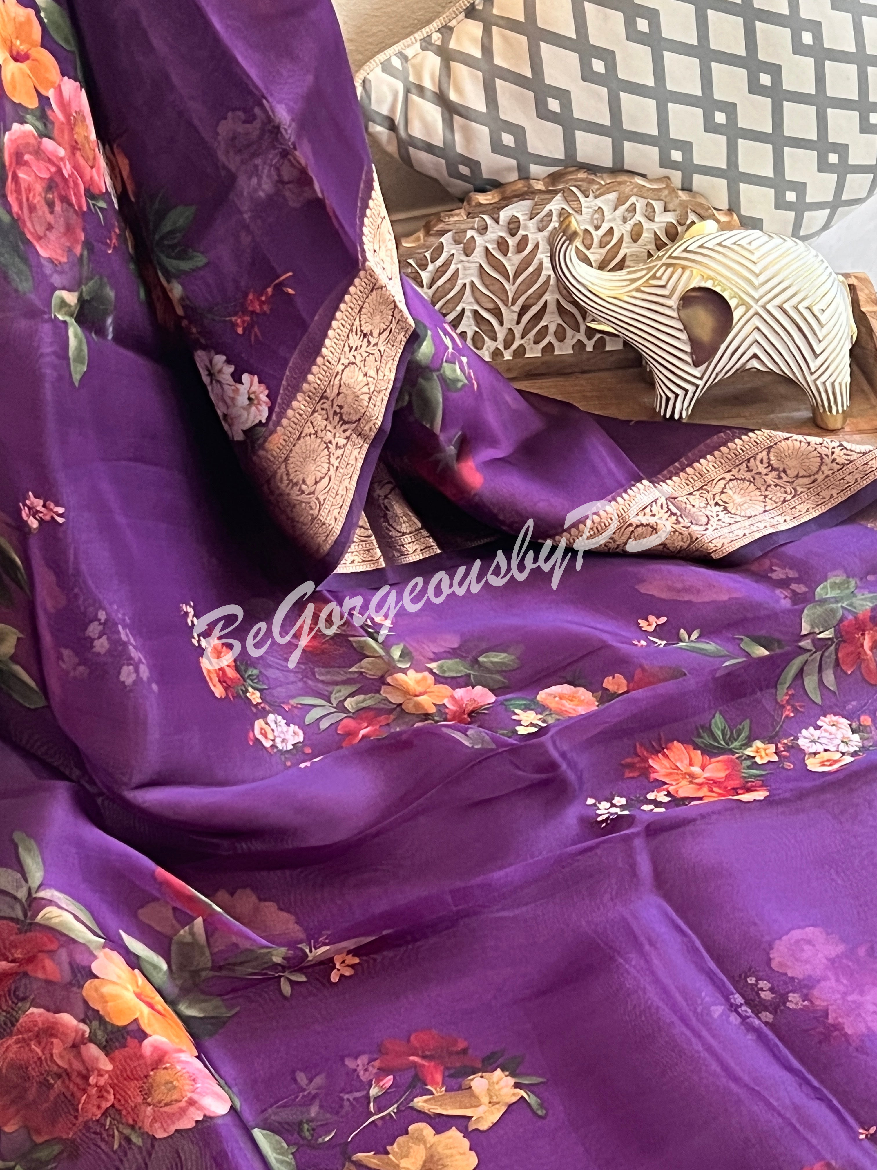 Organza Floral printed with zari border and pallu PURPLE