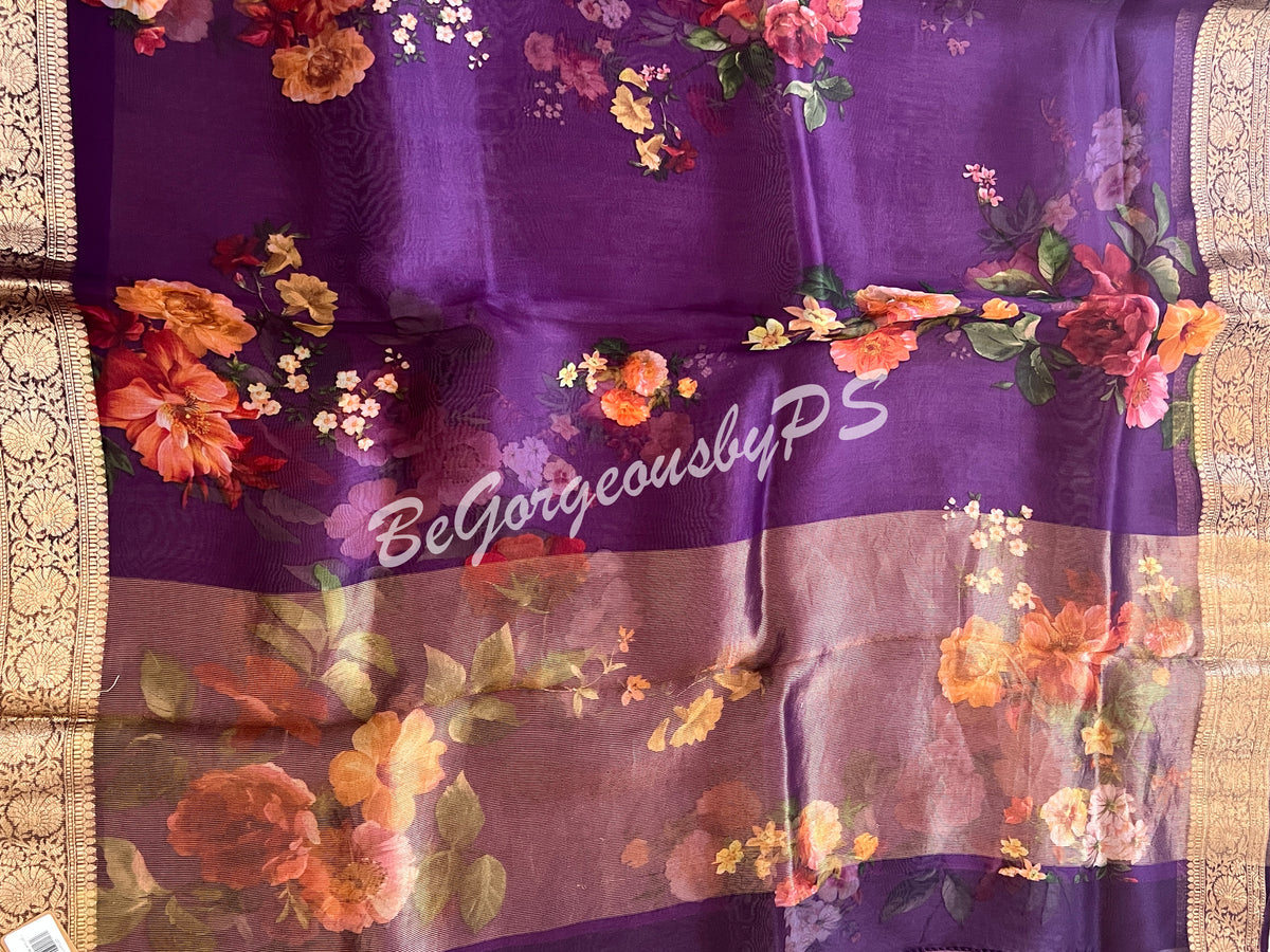 Organza Floral printed with zari border and pallu PURPLE