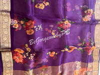 Organza Floral printed with zari border and pallu PURPLE