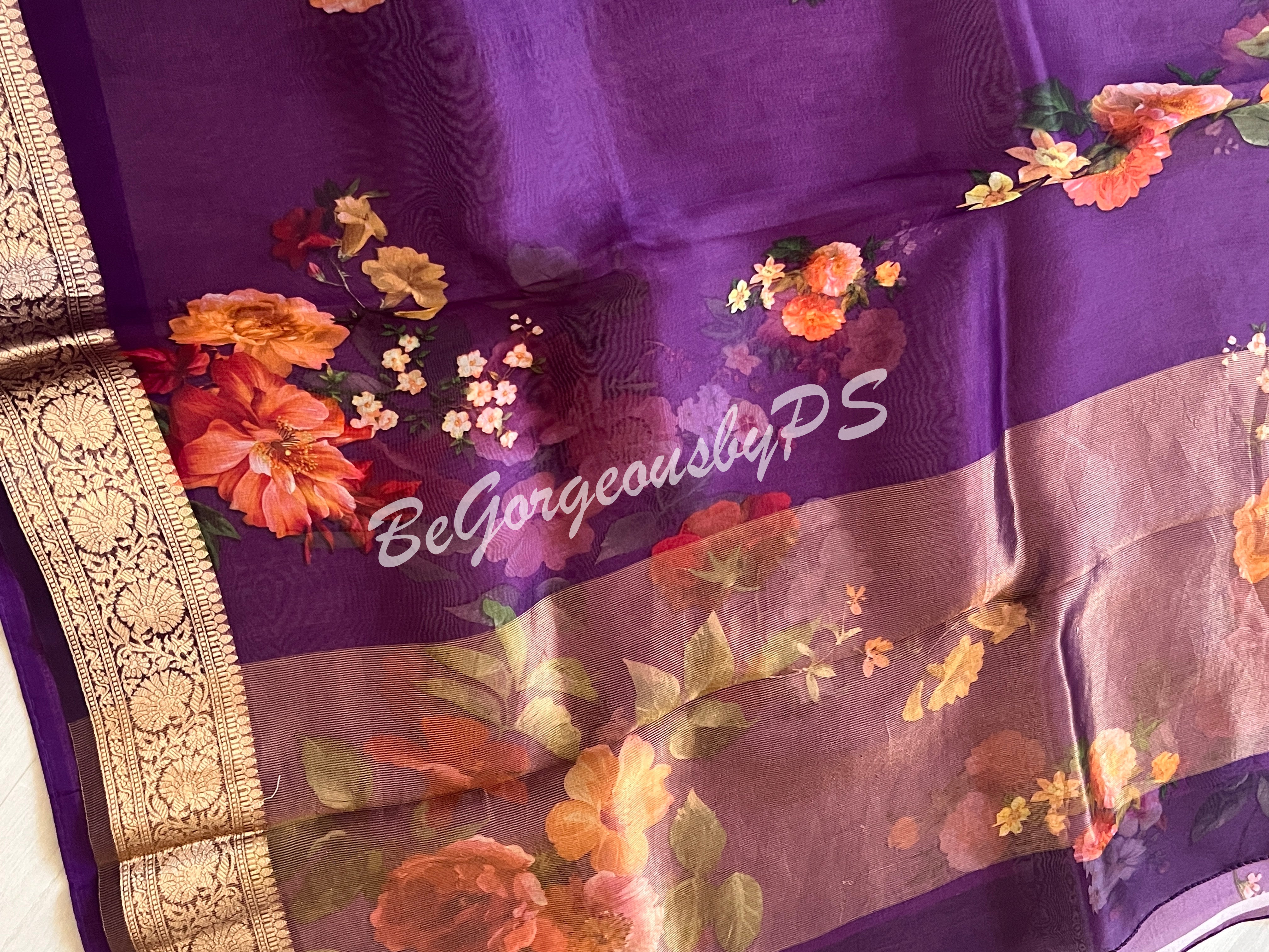 Organza Floral printed with zari border and pallu PURPLE