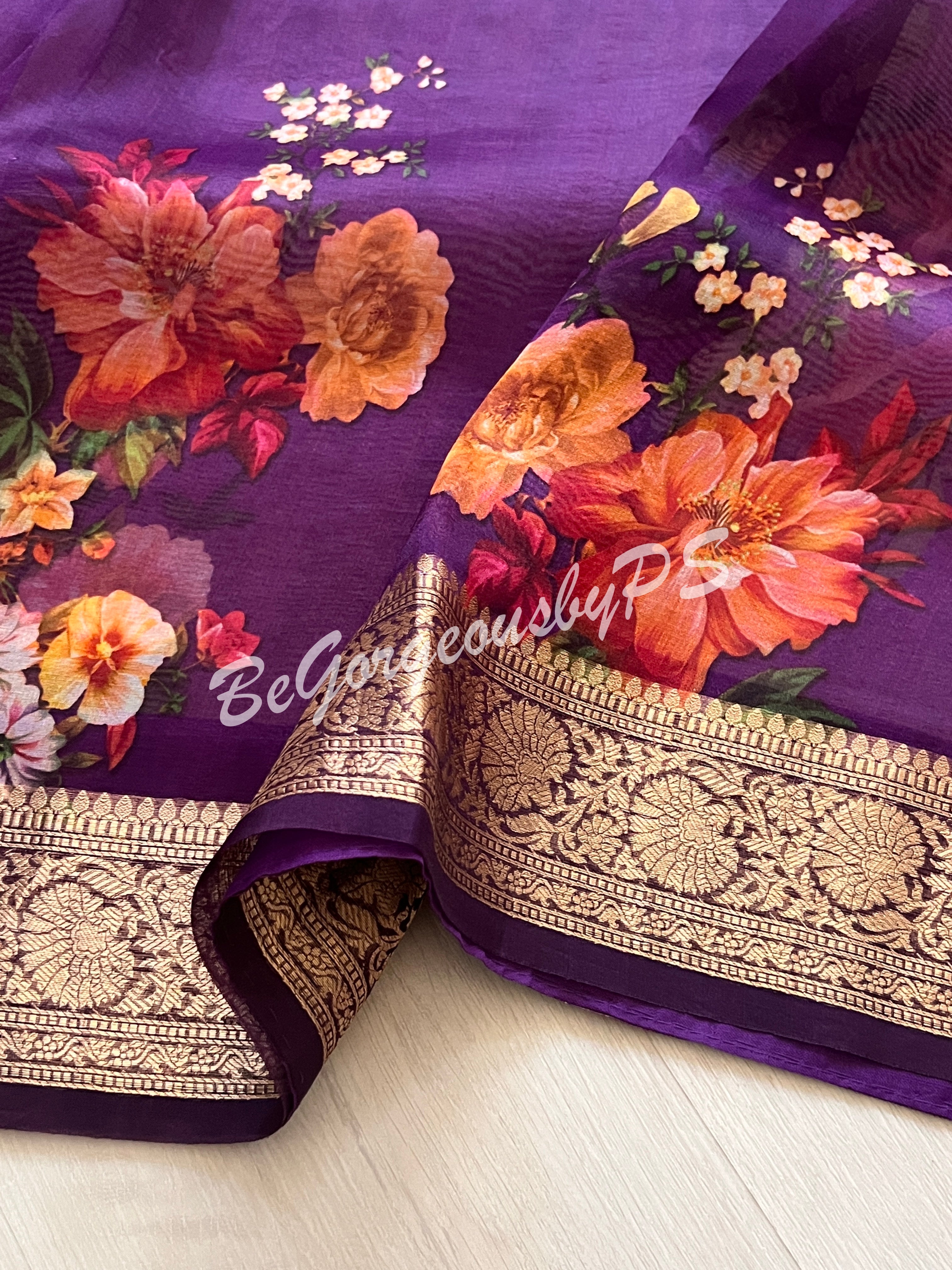 Organza Floral printed with zari border and pallu PURPLE