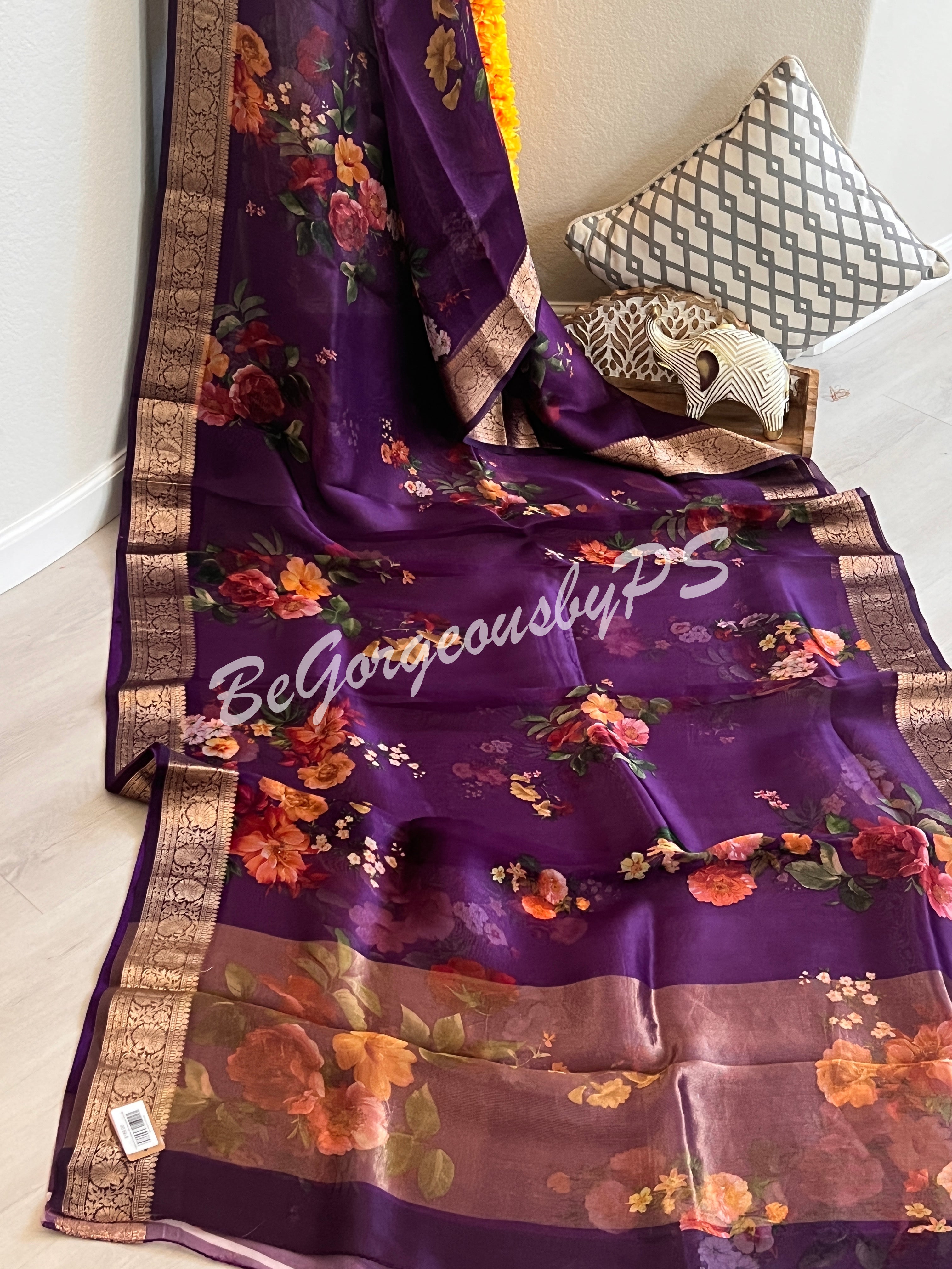 Organza Floral printed with zari border and pallu PURPLE