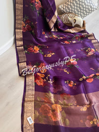 Organza Floral printed with zari border and pallu PURPLE