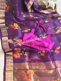 Organza Floral printed with zari border and pallu PURPLE