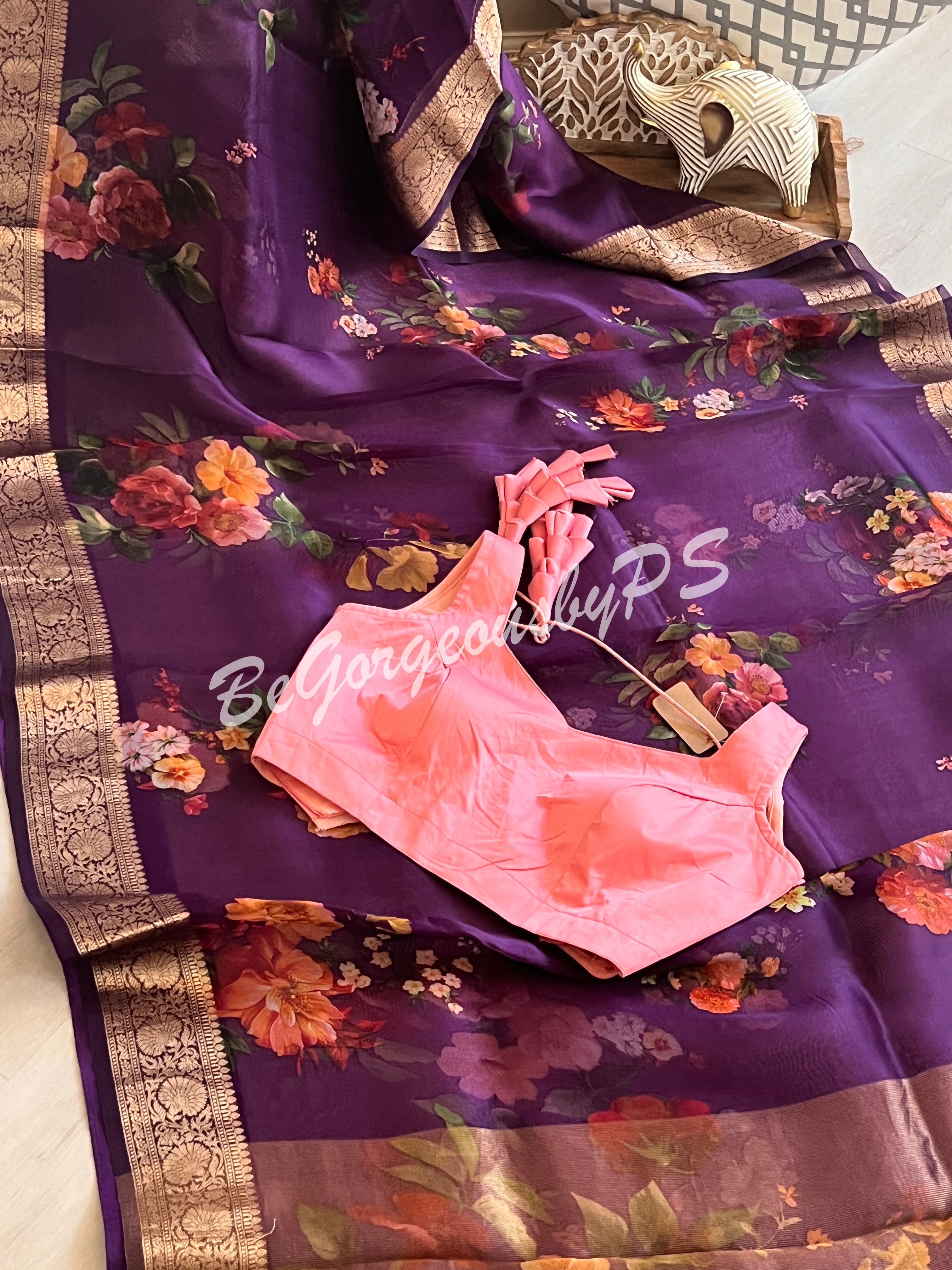 Organza Floral printed with zari border and pallu PURPLE