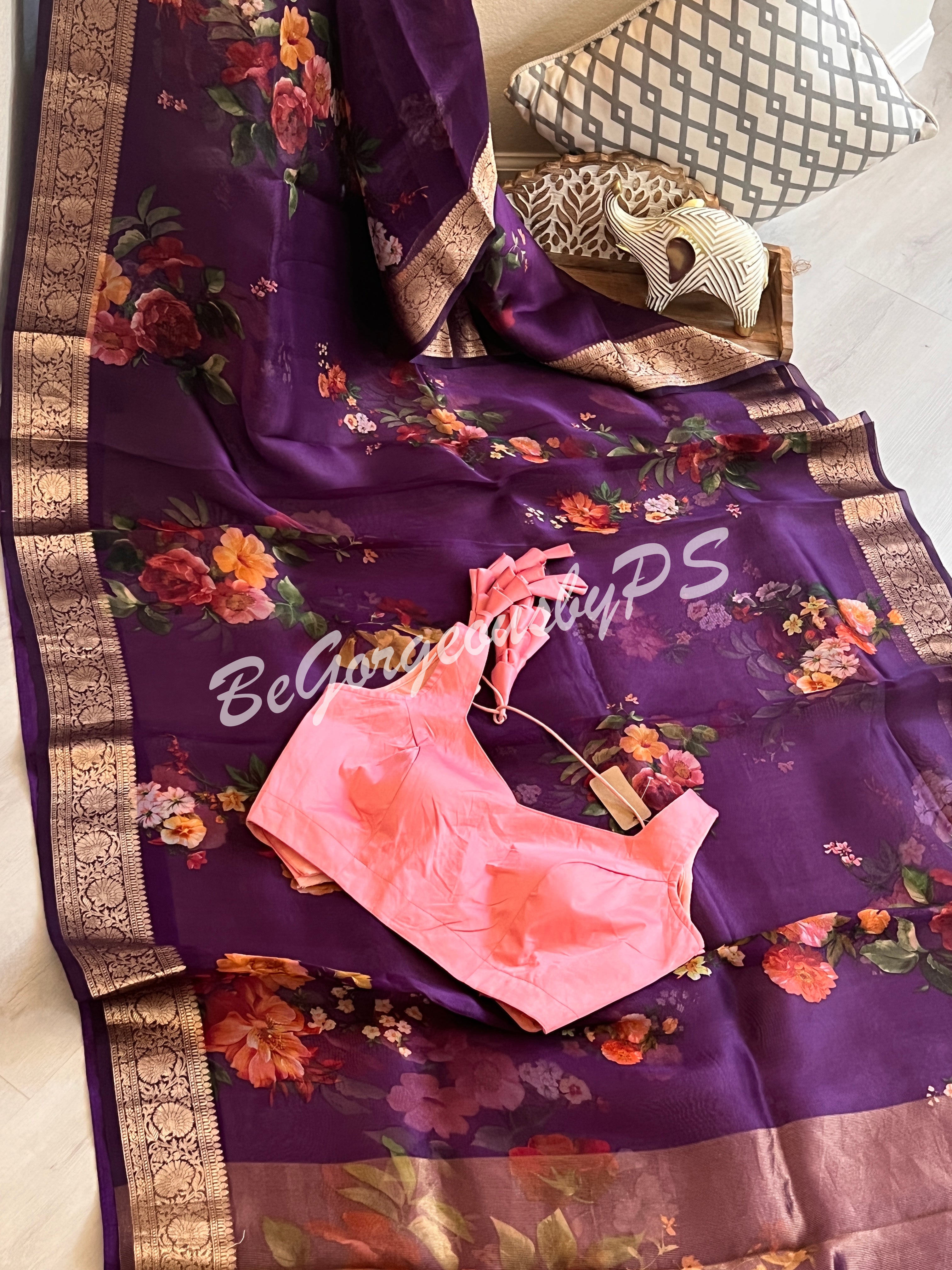 Organza Floral printed with zari border and pallu PURPLE