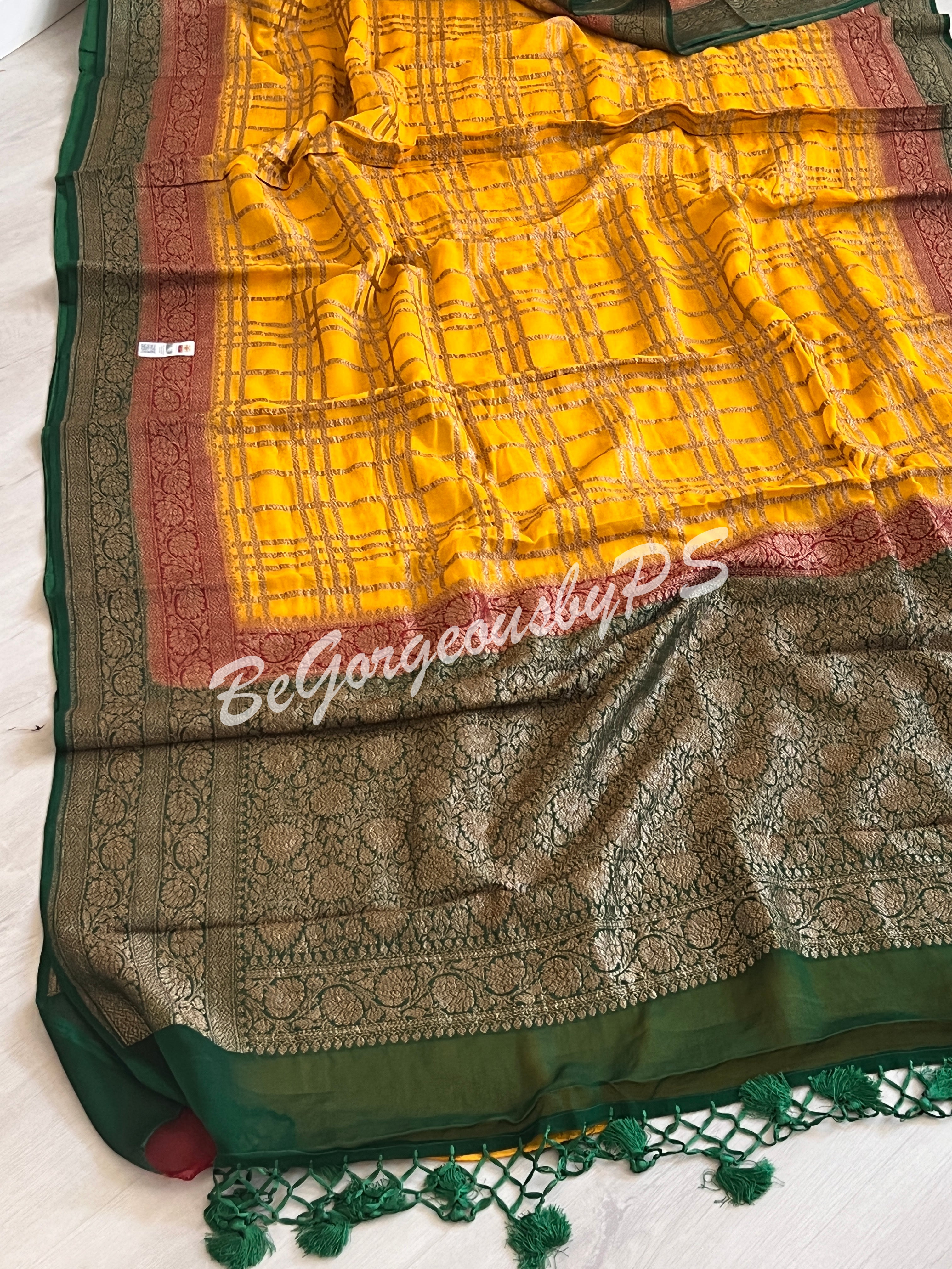 Banarasi Khaddi georgette silk with antique zari and stitched blouse - yellow