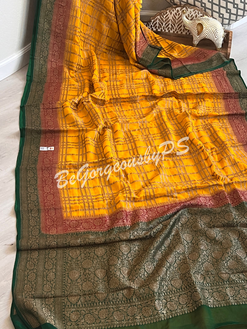 Banarasi Khaddi georgette silk with antique zari and stitched blouse - yellow
