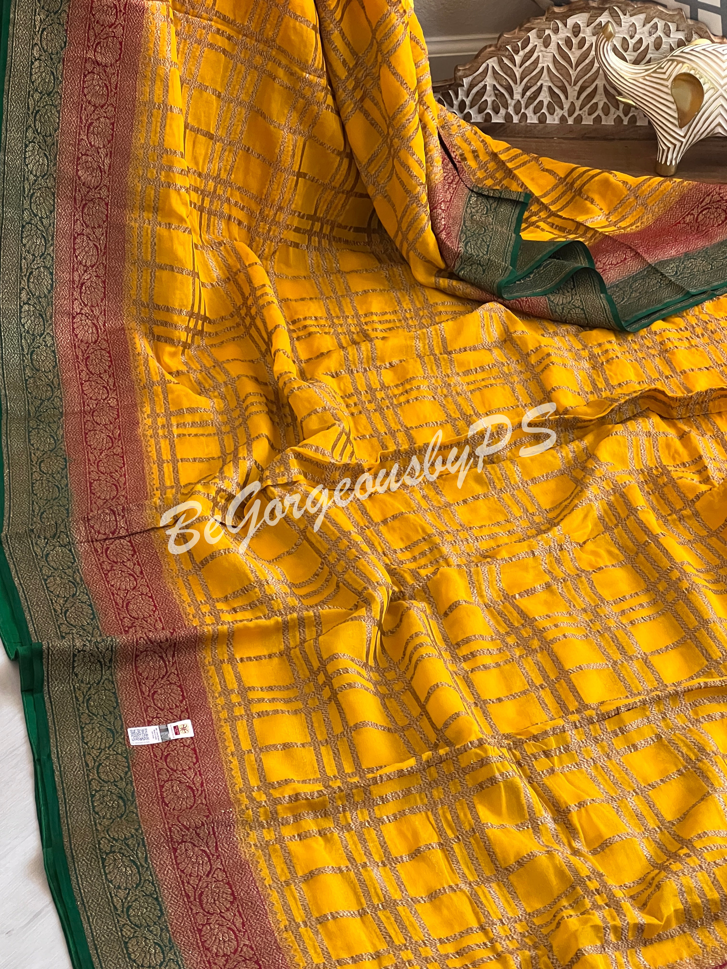 Banarasi Khaddi georgette silk with antique zari and stitched blouse - yellow