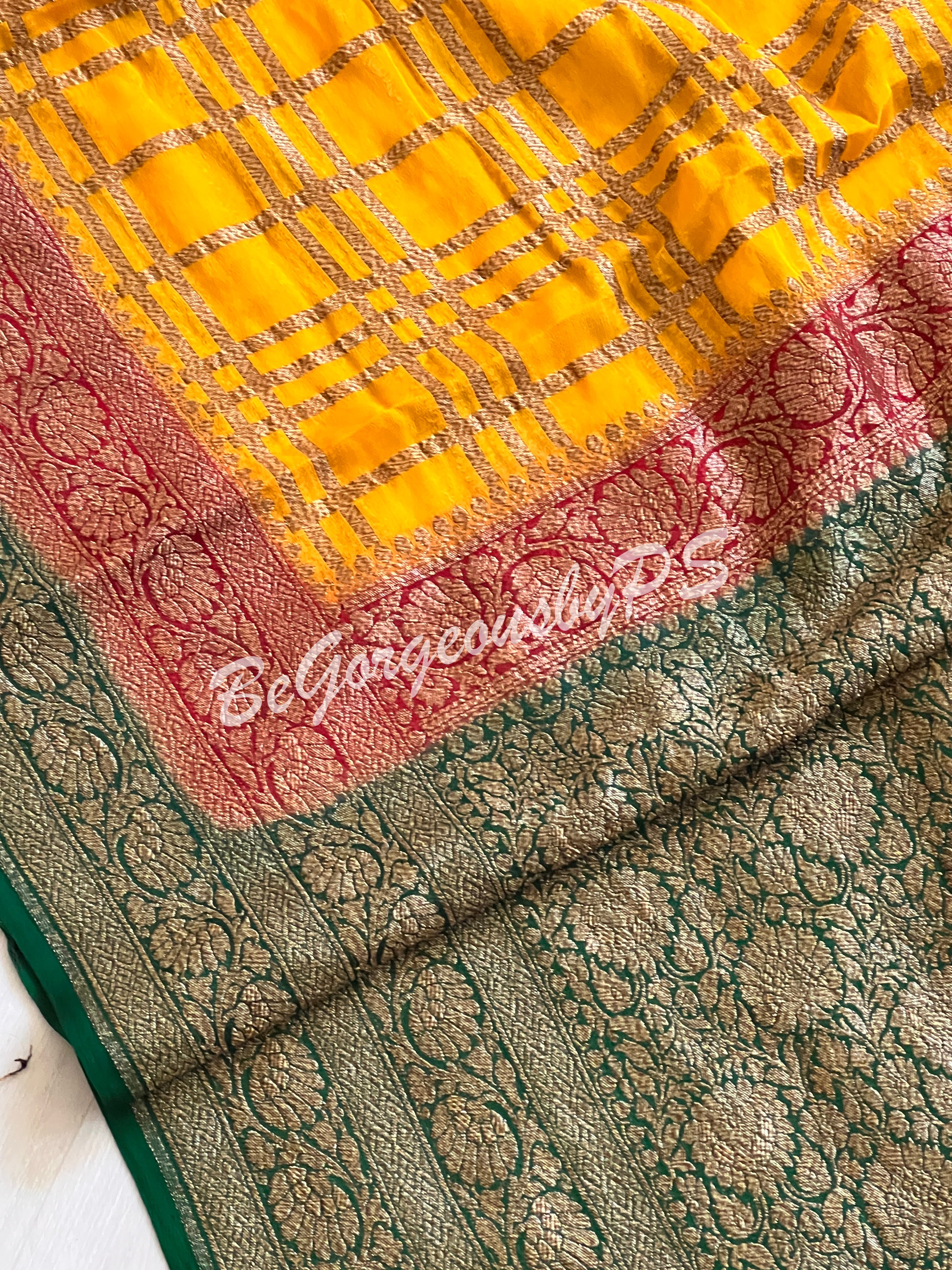 Banarasi Khaddi georgette silk with antique zari and stitched blouse - yellow