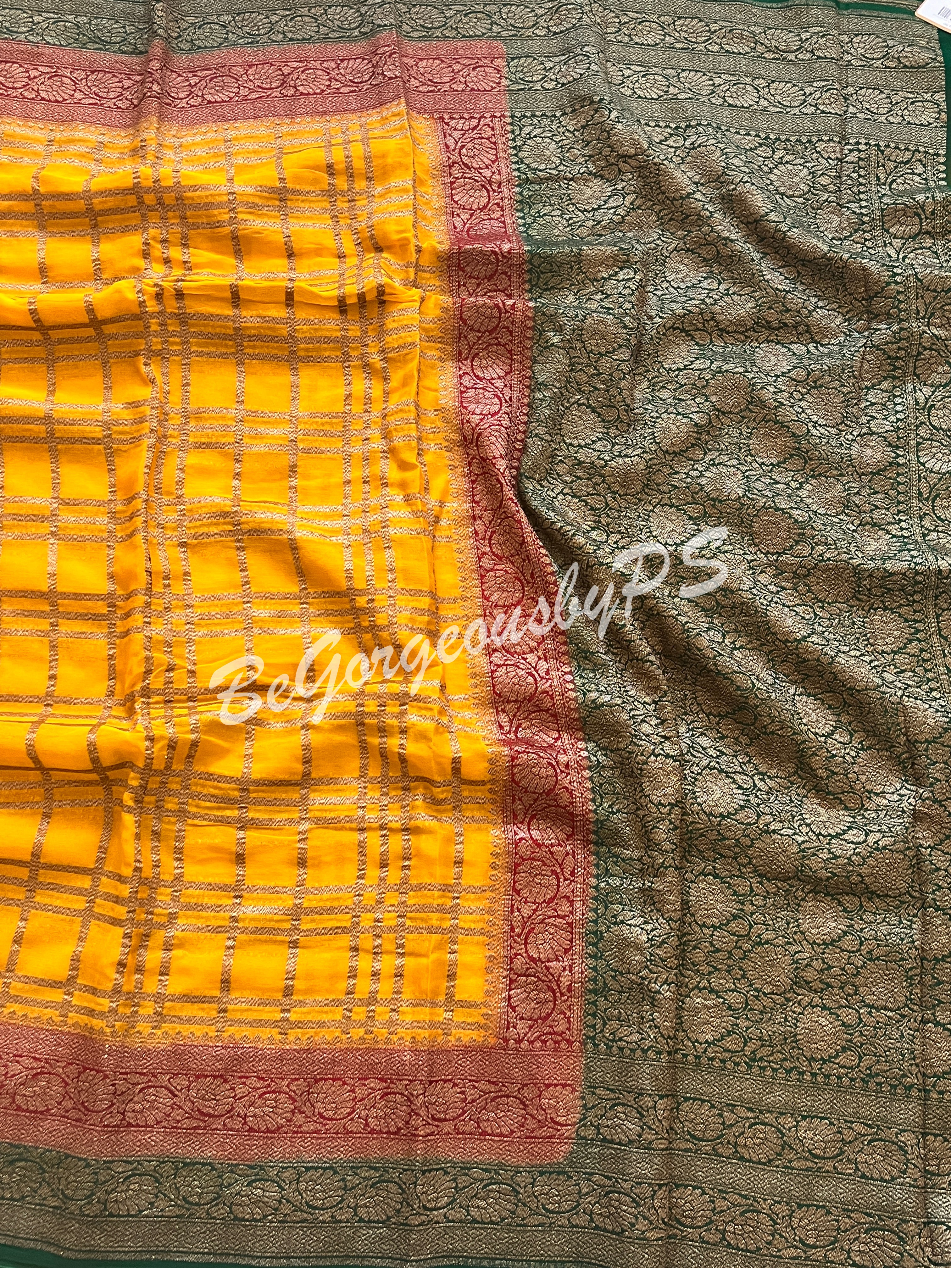 Banarasi Khaddi georgette silk with antique zari and stitched blouse - yellow