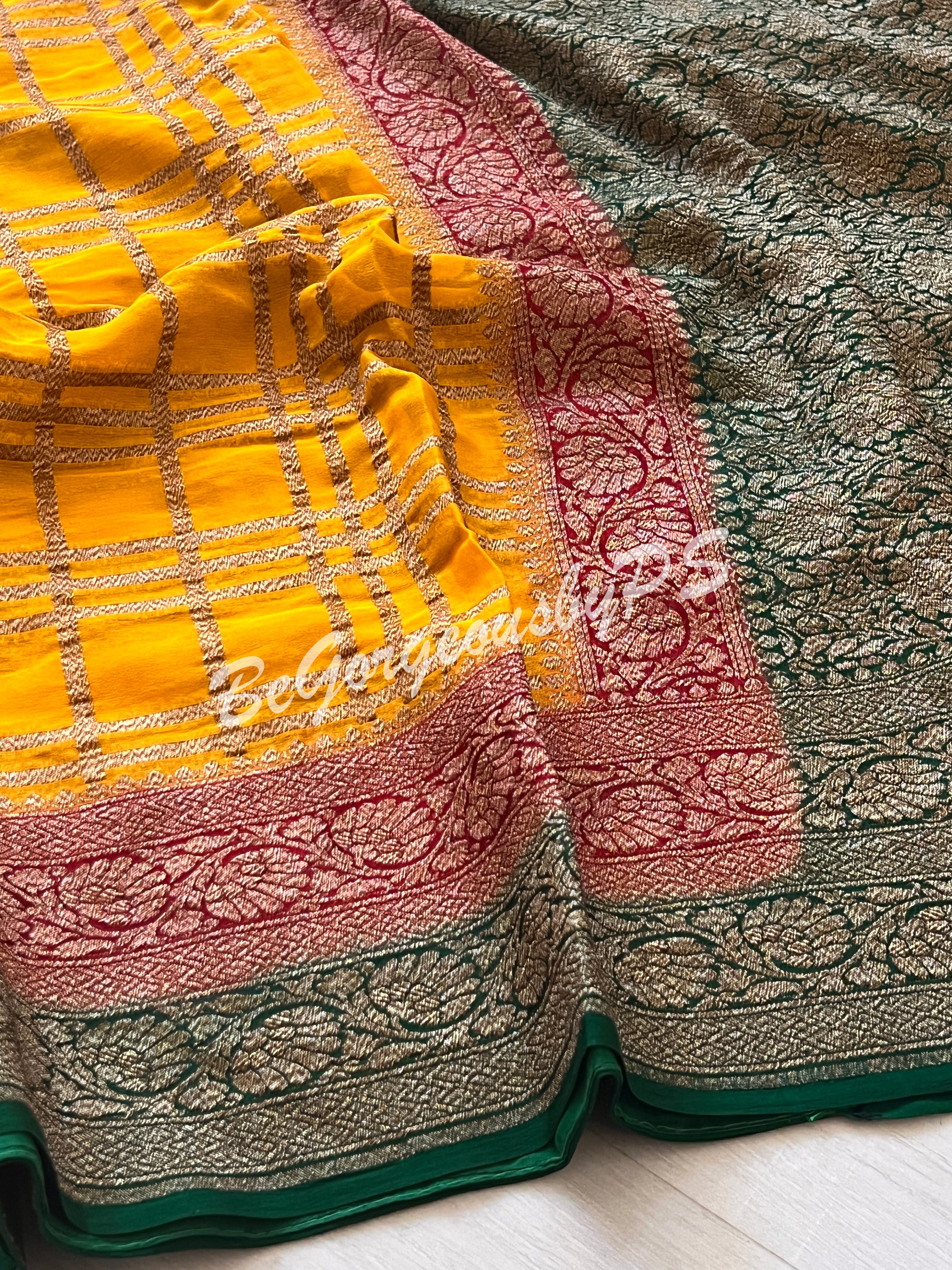 Banarasi Khaddi georgette silk with antique zari and stitched blouse - yellow