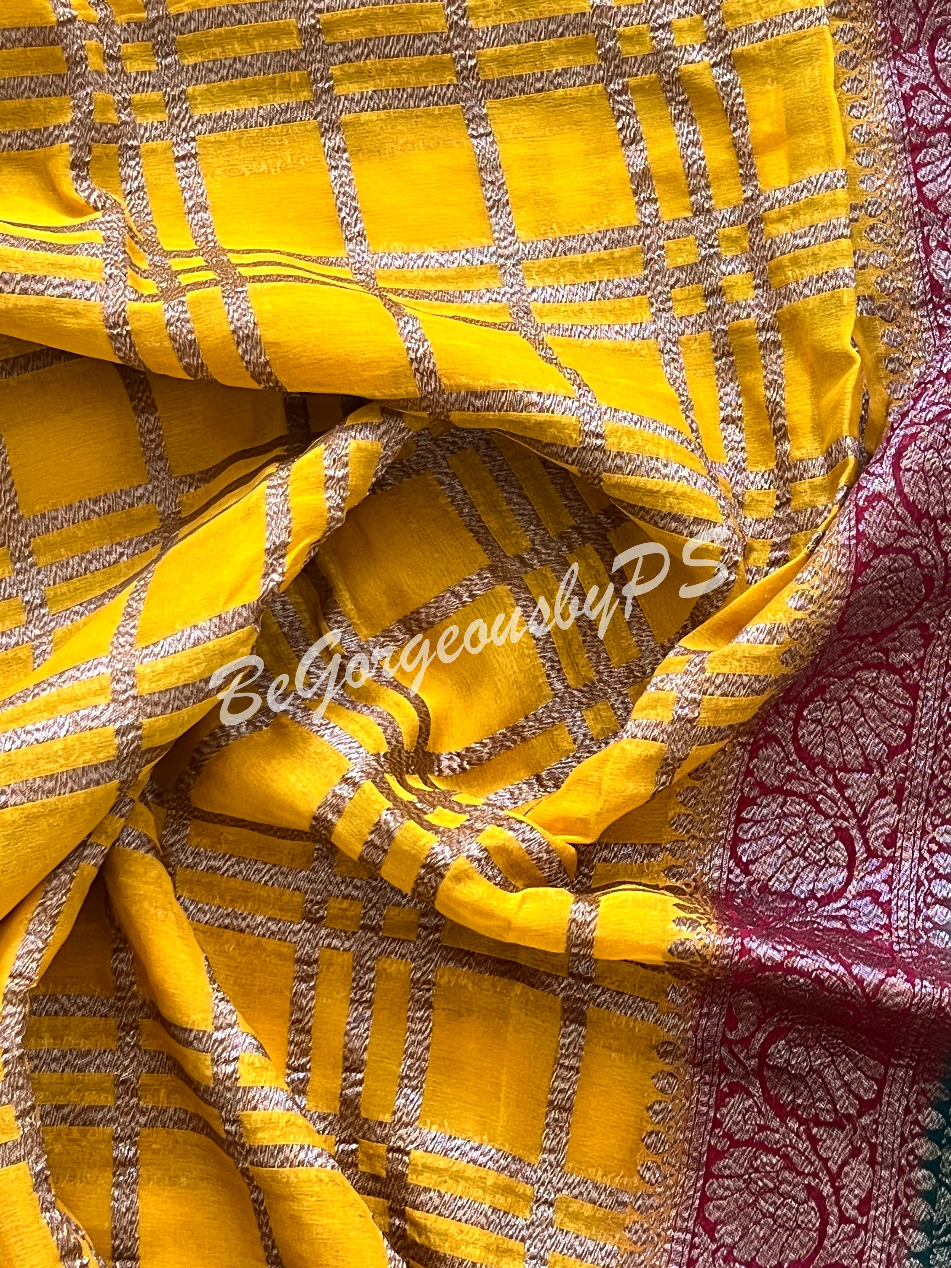 Banarasi Khaddi georgette silk with antique zari and stitched blouse - yellow