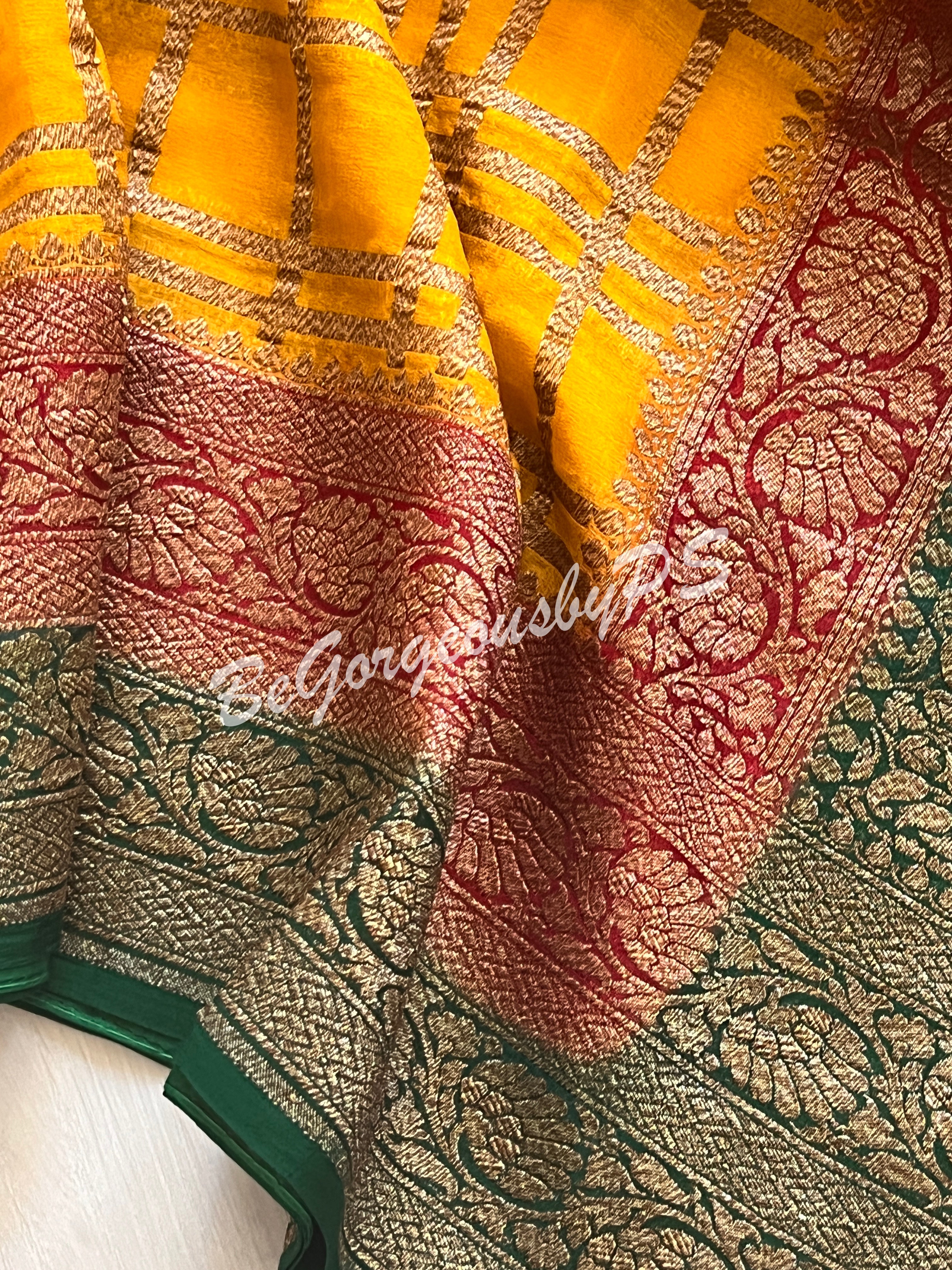 Banarasi Khaddi georgette silk with antique zari and stitched blouse - yellow