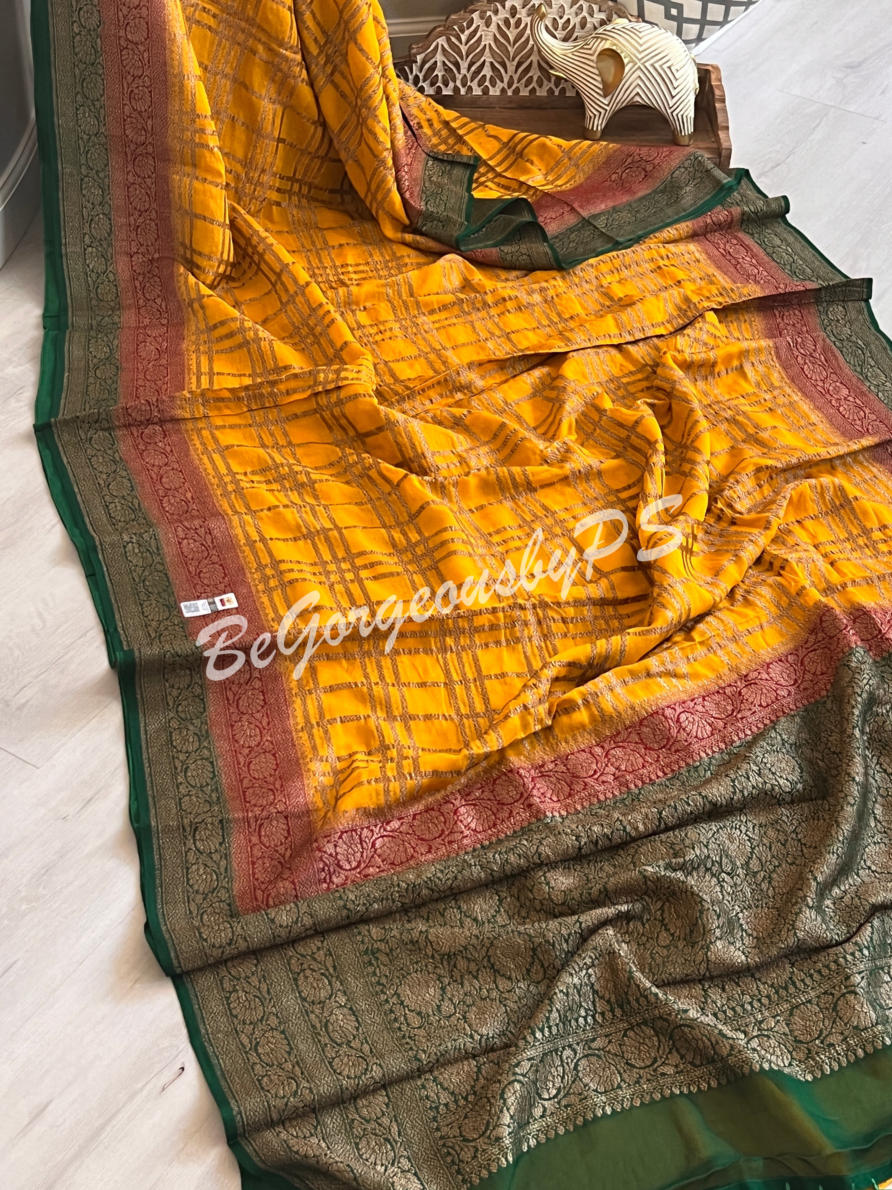 Banarasi Khaddi georgette silk with antique zari and stitched blouse - yellow