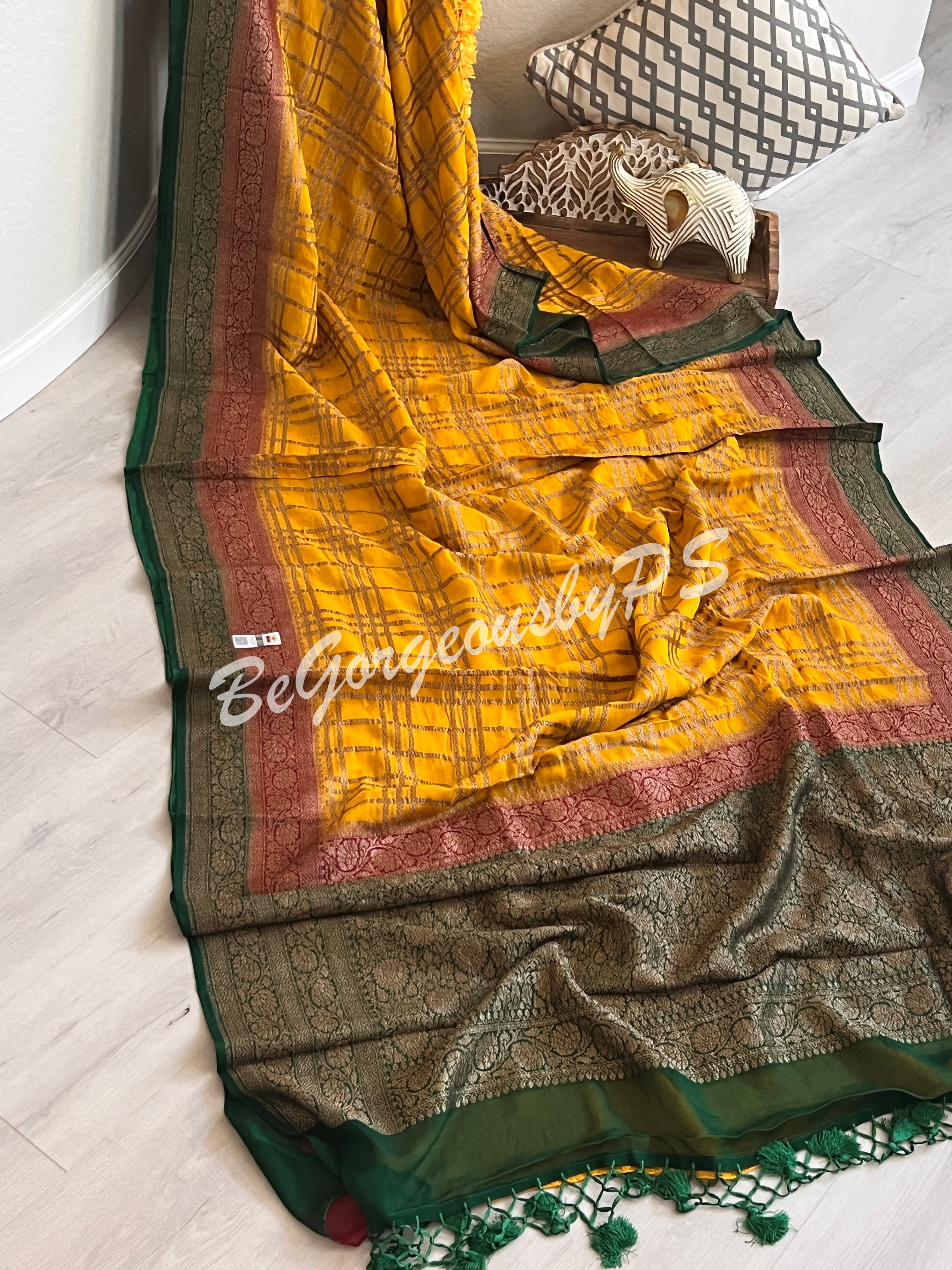 Banarasi Khaddi georgette silk with antique zari and stitched blouse - yellow