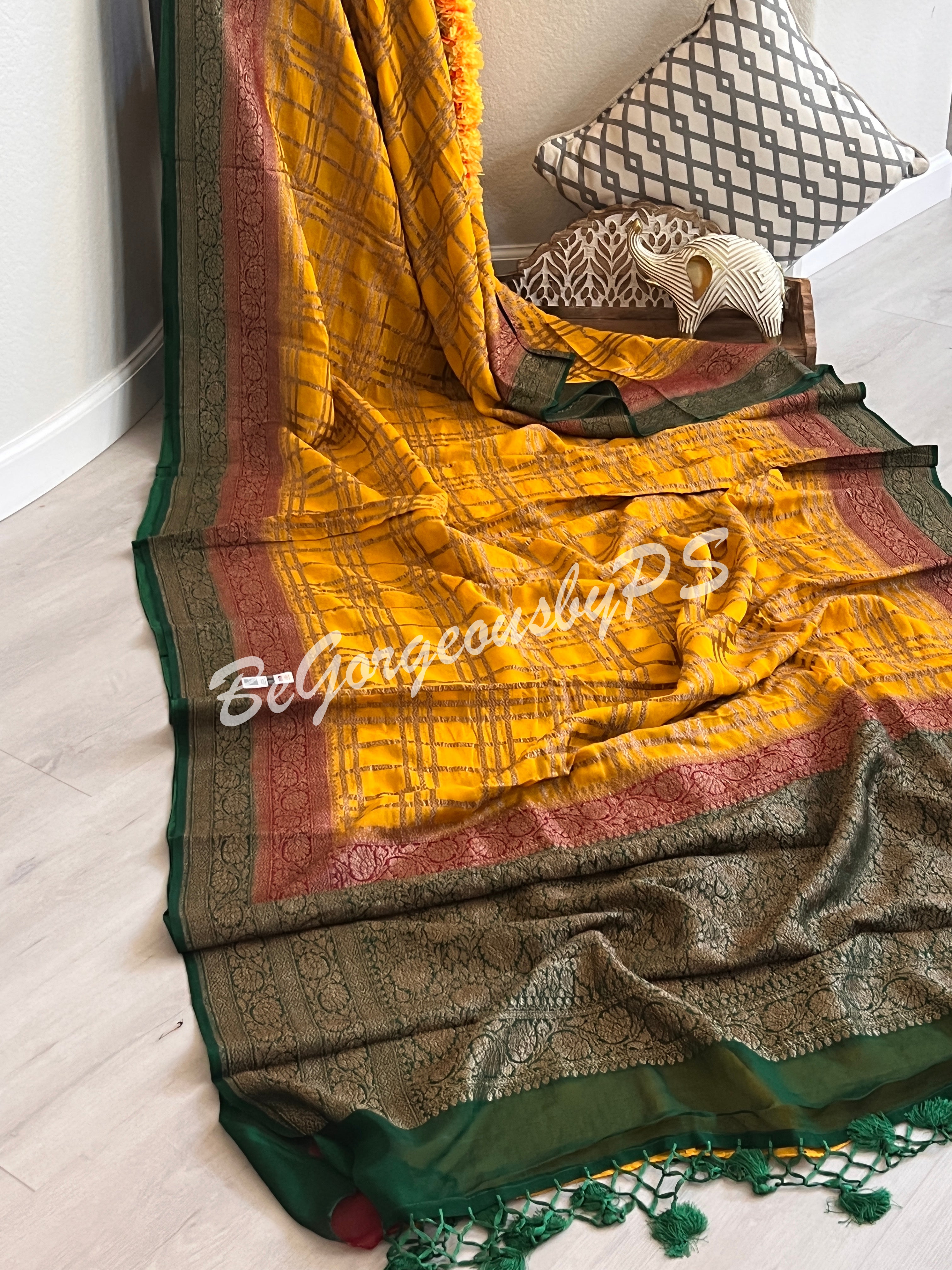 Banarasi Khaddi georgette silk with antique zari and stitched blouse - yellow