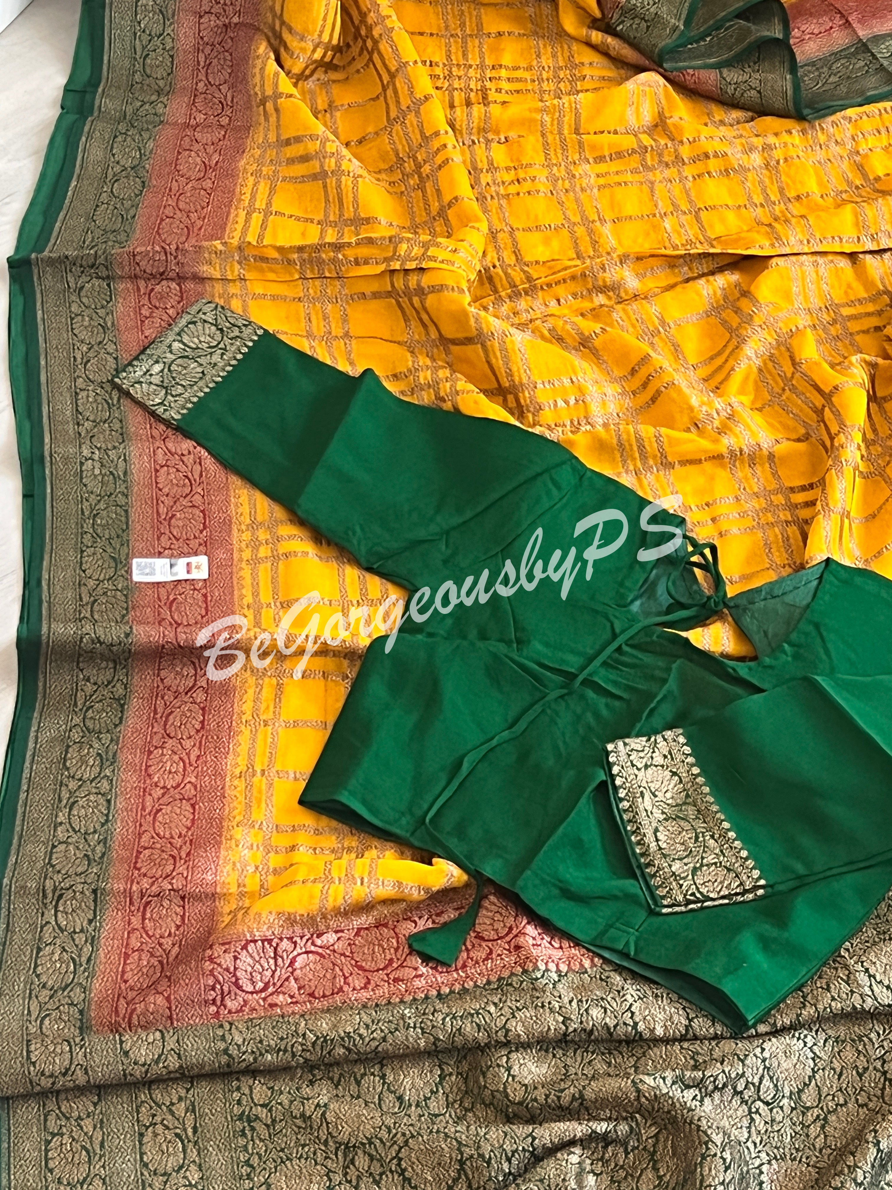 Banarasi Khaddi georgette silk with antique zari and stitched blouse - yellow